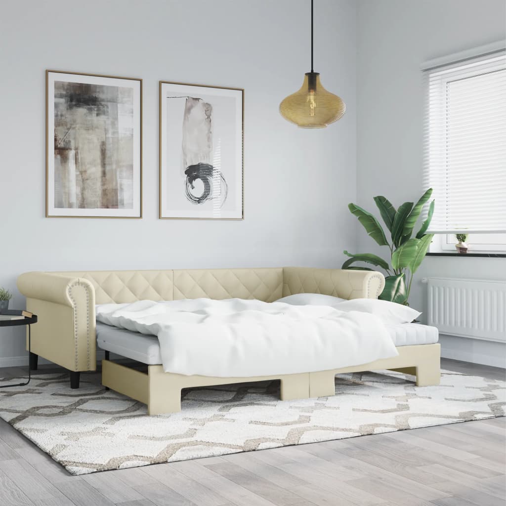 vidaXL Tagesbett Ausziehbar mit Matratzen Creme 90x200 cm Kunstleder