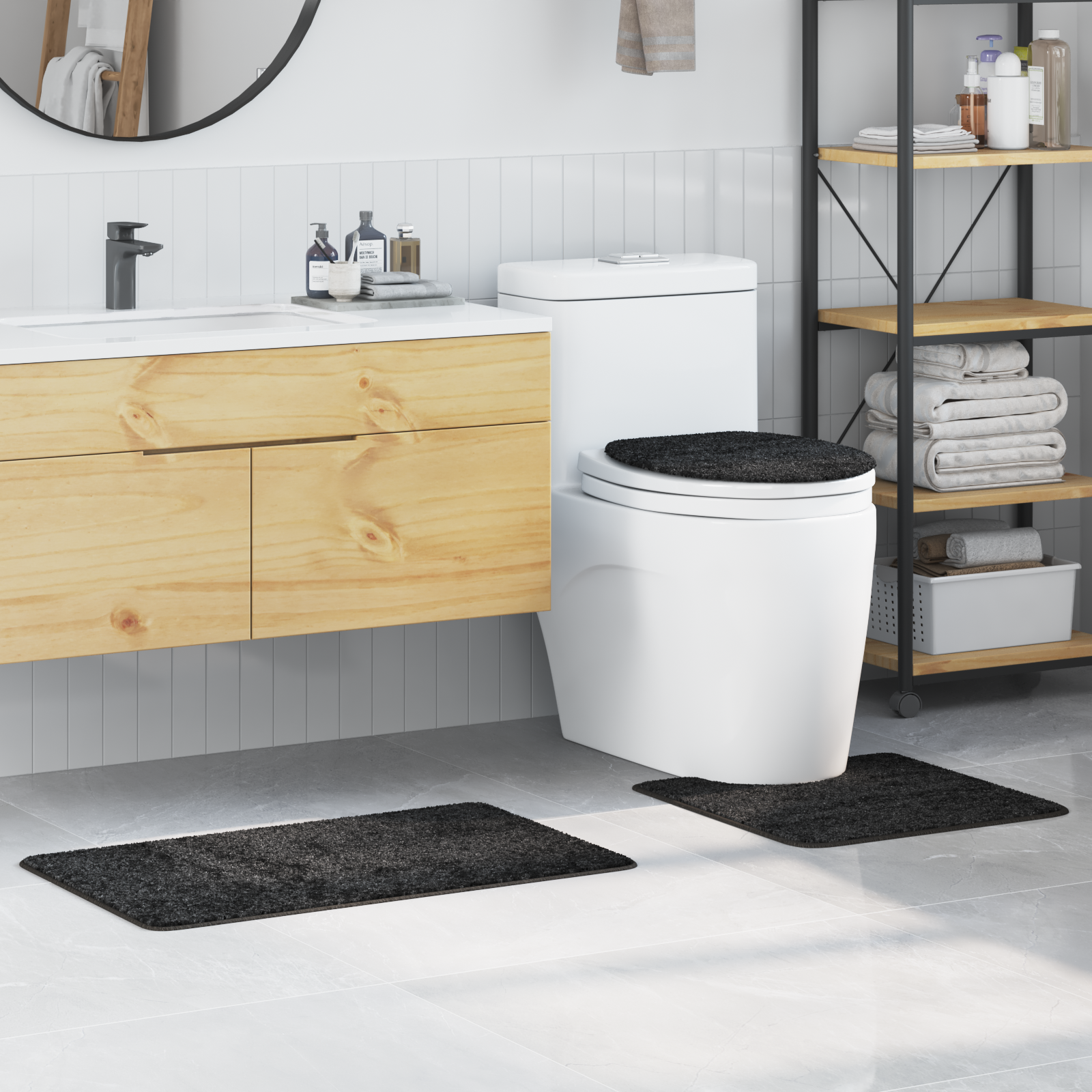 Set Di 3 Tappetini Da Bagno Grigio Scuro In Polipropilene Antiscivolo