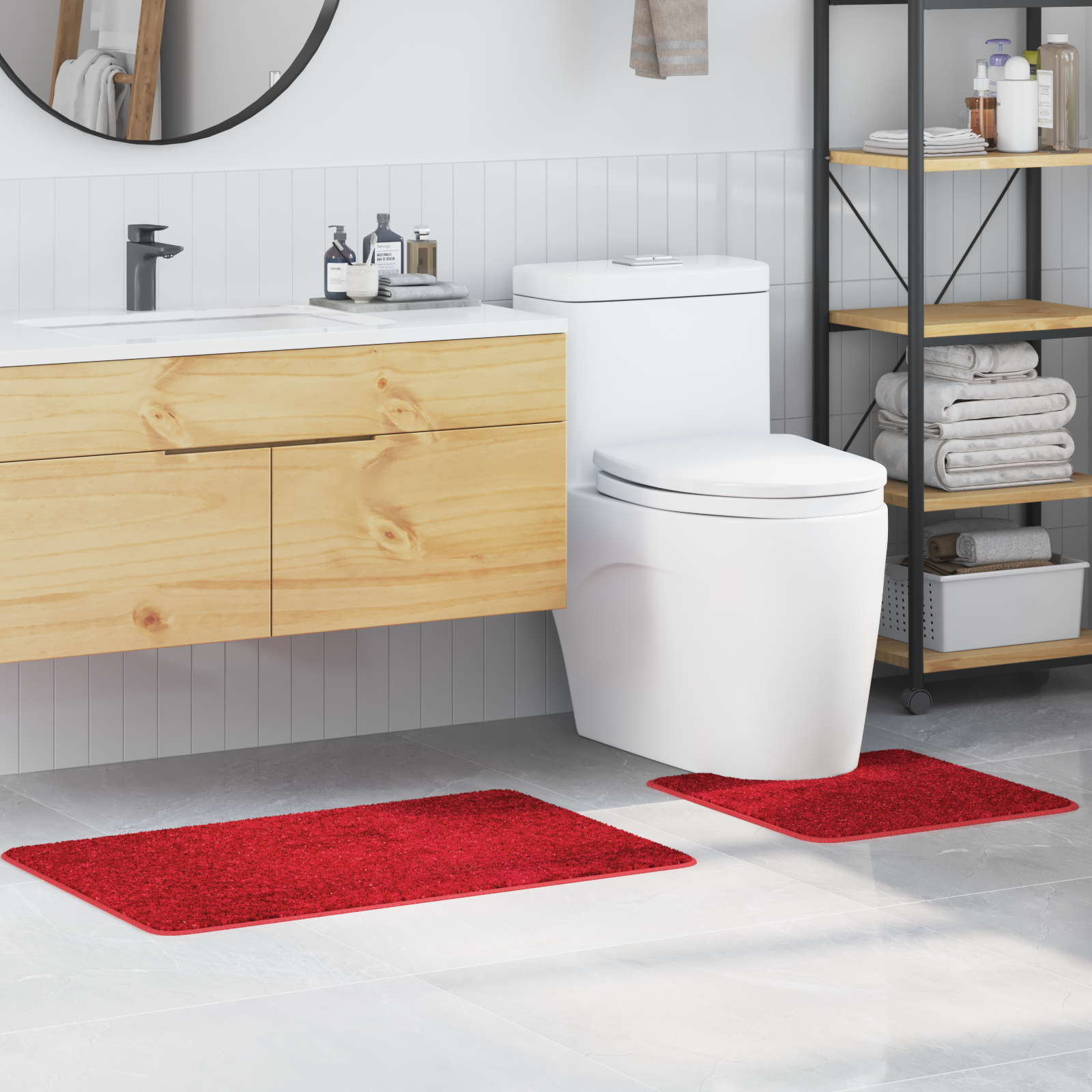 Set Di 2 Tappetini Da Bagno Rossi In Polipropilene Antiscivolo