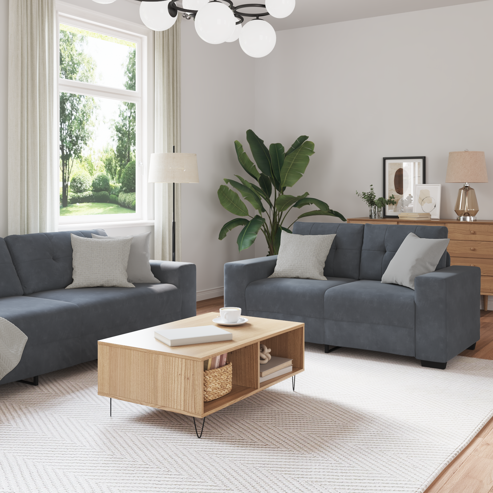Set Di Divani 3 Pcs Grigio Velluto