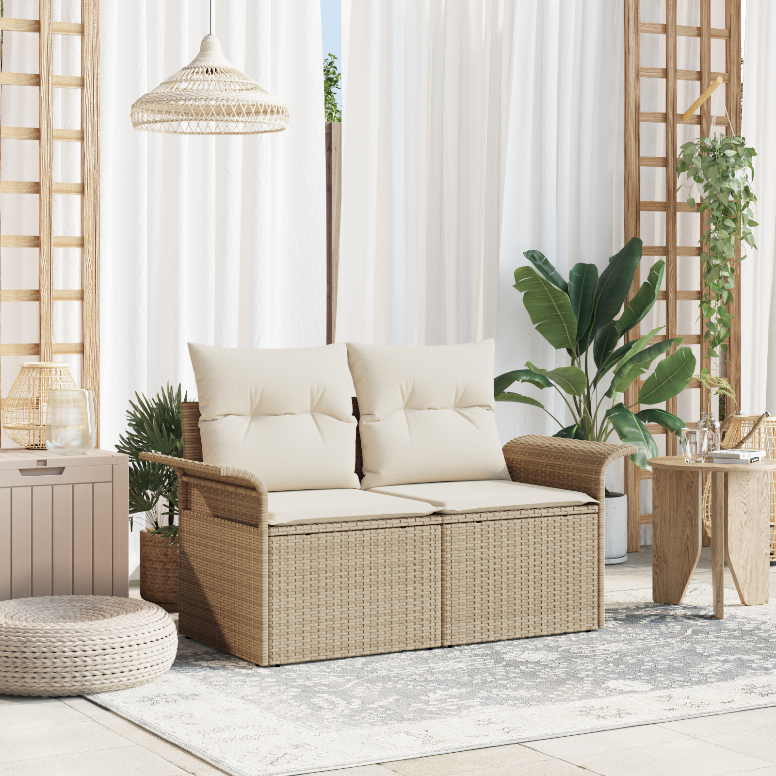 Divano Da Giardino Con Cuscino Beige 141 X 62 X 69cm Polyrattan