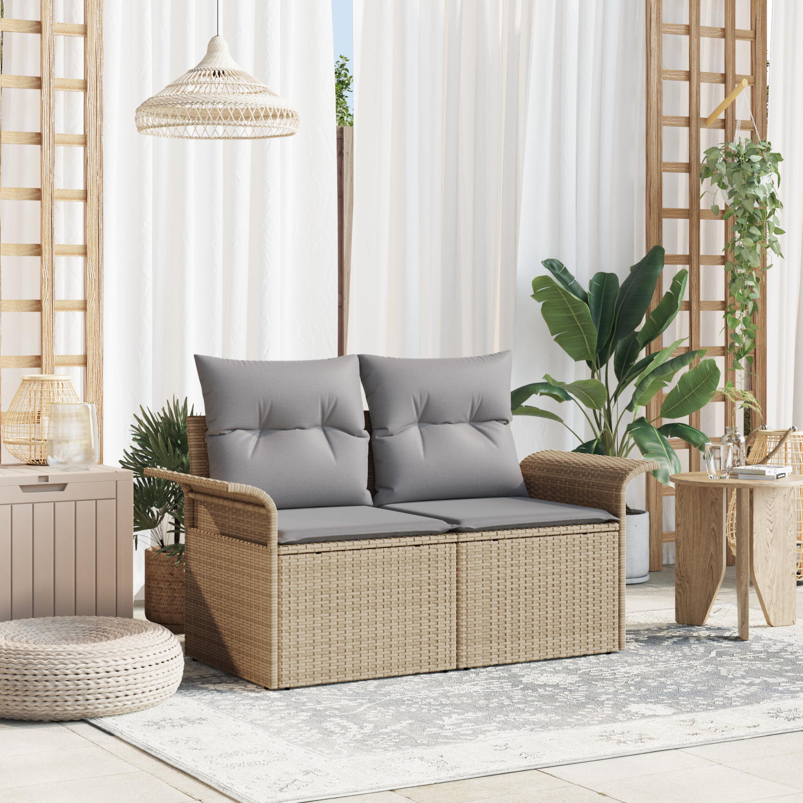 Divano Da Giardino Con Cuscino Beige 141 X 62 X 69cm Polyrattan