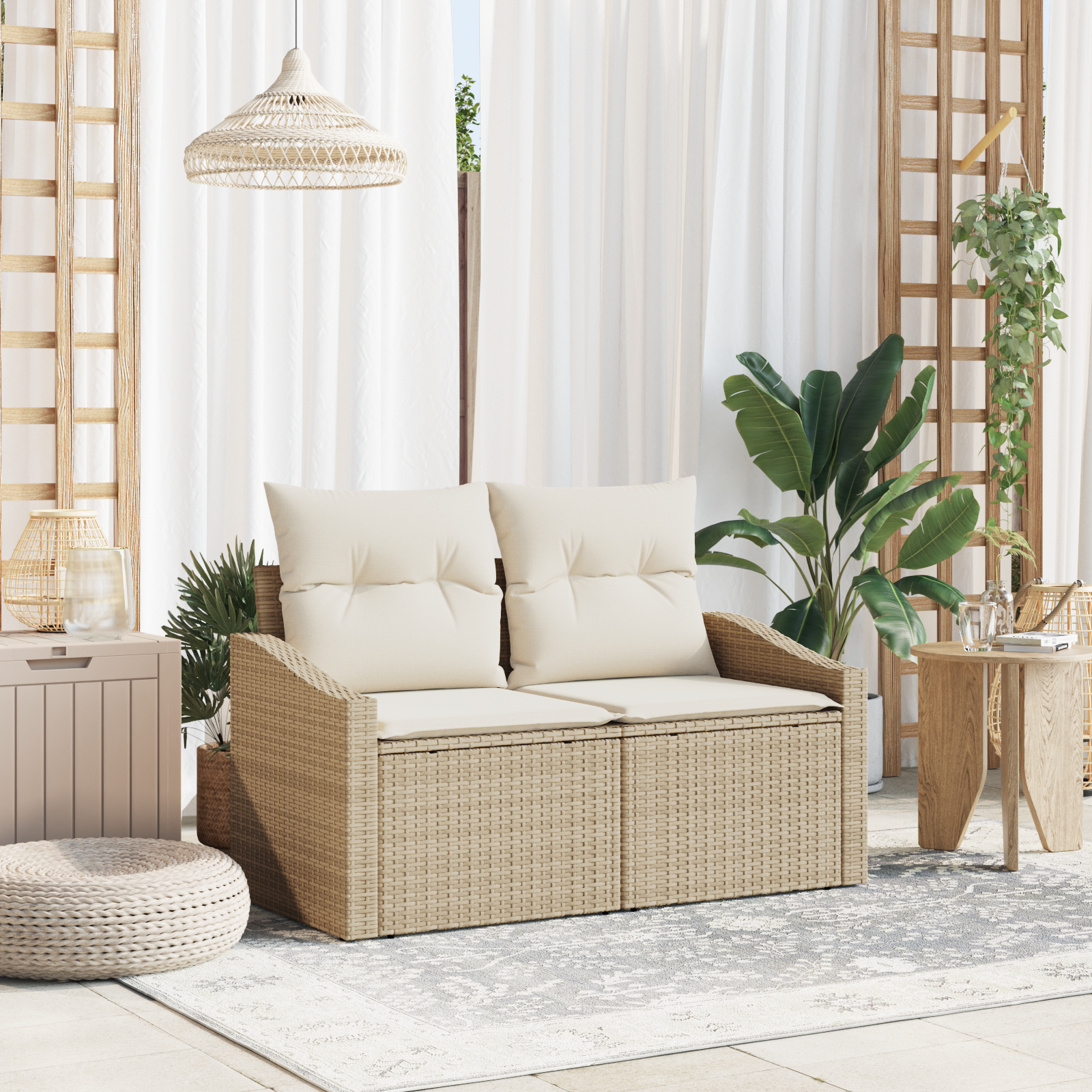 Divano Da Giardino Con Cuscino Beige 123 X 62 X 69cm Polyrattan