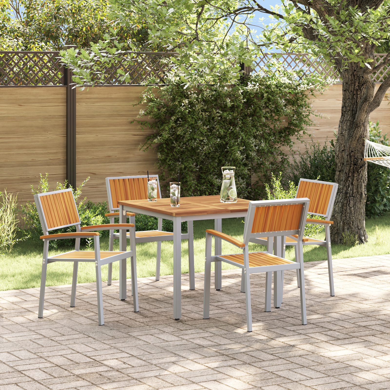 5 Pezzi Set Da Pranzo Giardino In Legno Massello Di Acacia E Metallo