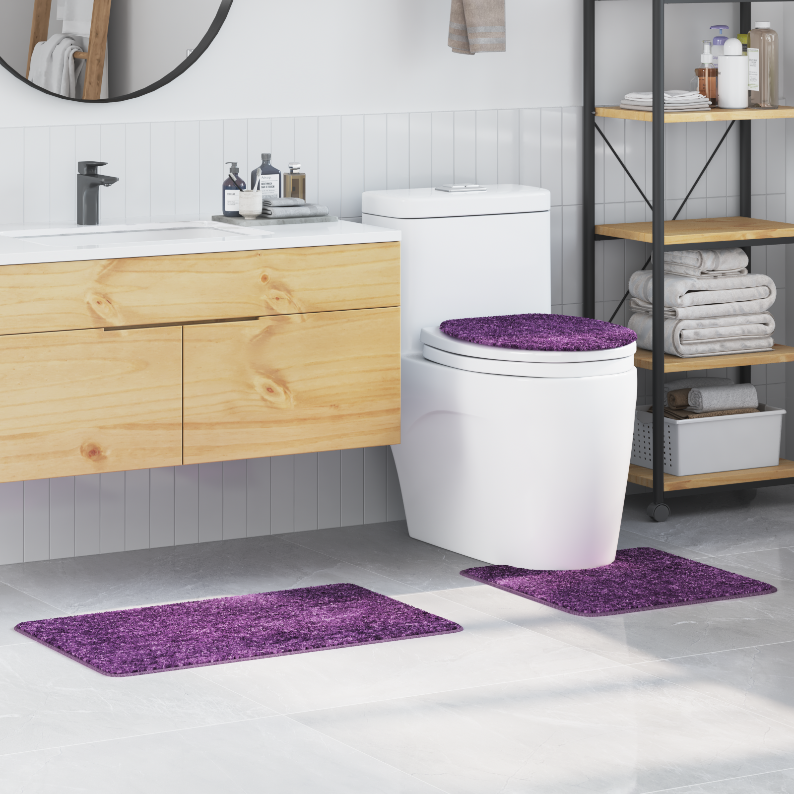 Set Di 3 Tappetini Da Bagno Viola In Polipropilene Antiscivolo