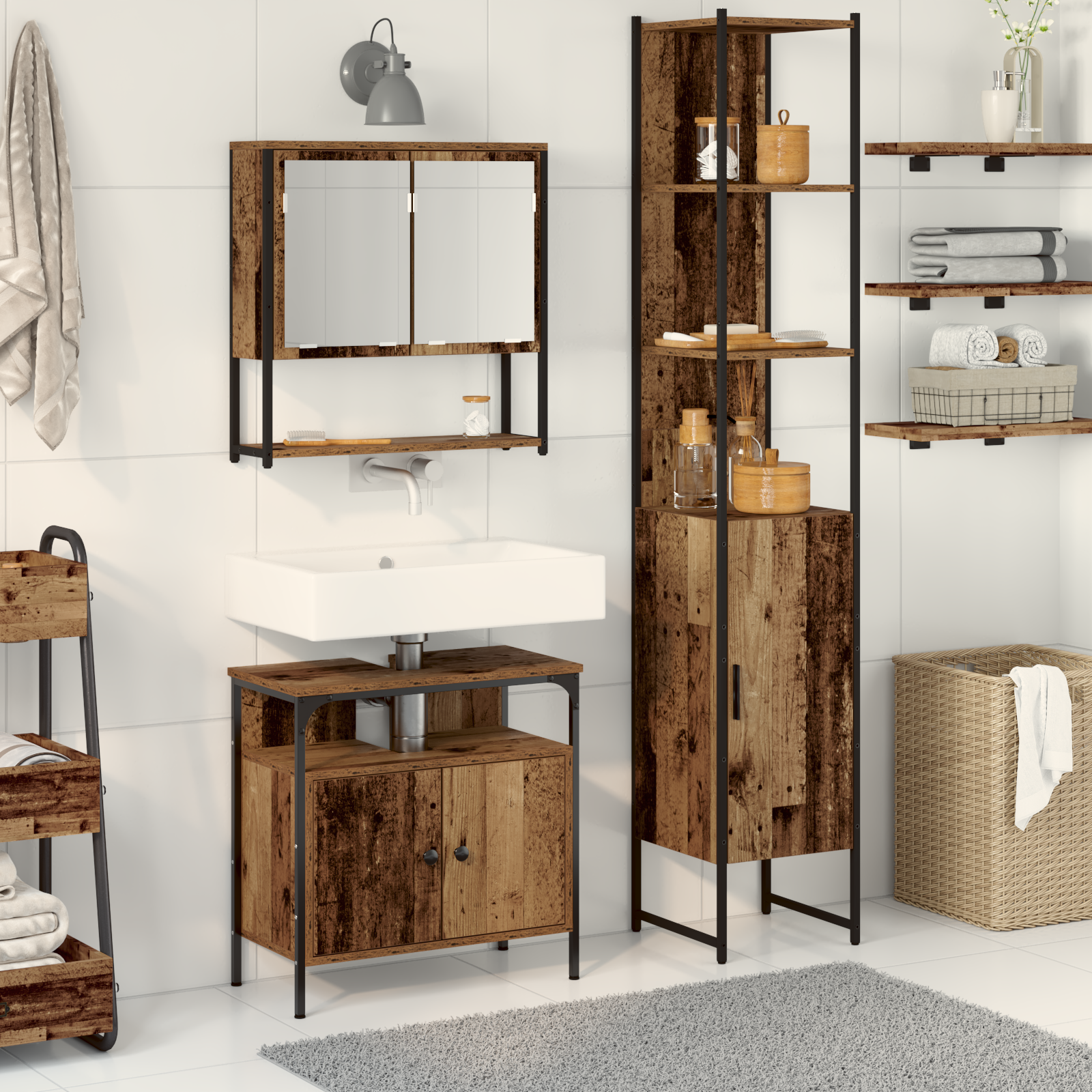 Set Di Mobili Per Il Bagno Con Lo Scaffale 3 Pcs Legno Vecchio