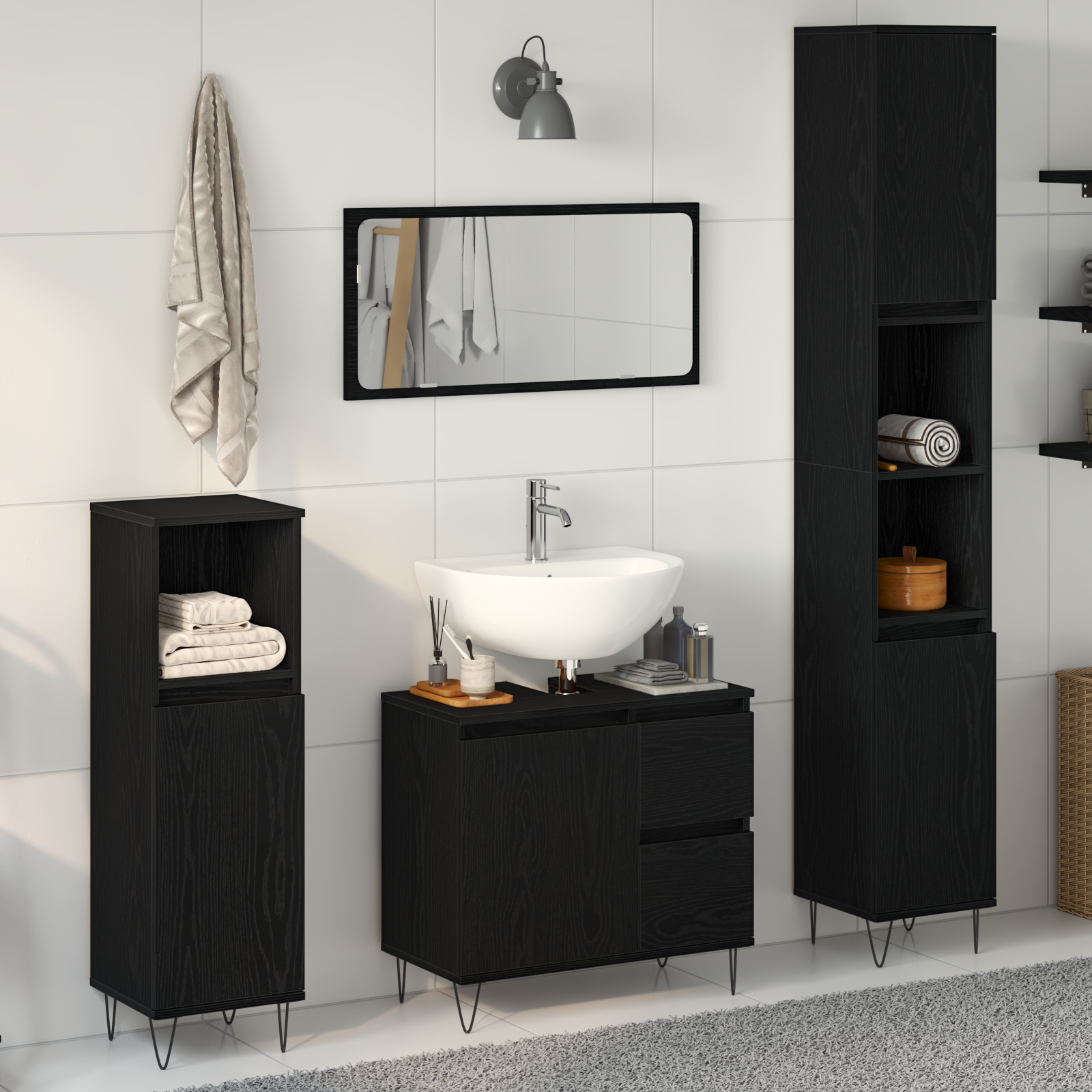 Set Di Mobili Per Il Bagno 3 Pcs Rovere Nero 30 X 30 X 190 cm