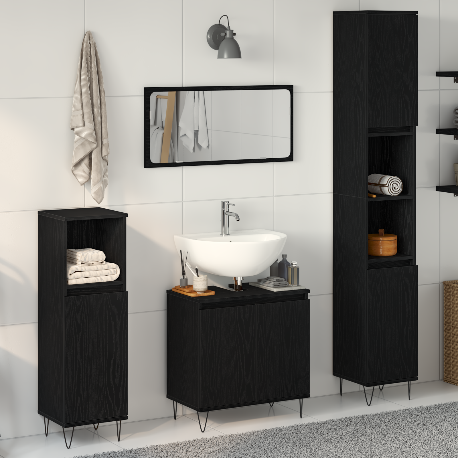 Set Di Mobili Per Il Bagno 3 Pcs Rovere Nero 30 X 30 X 190 cm