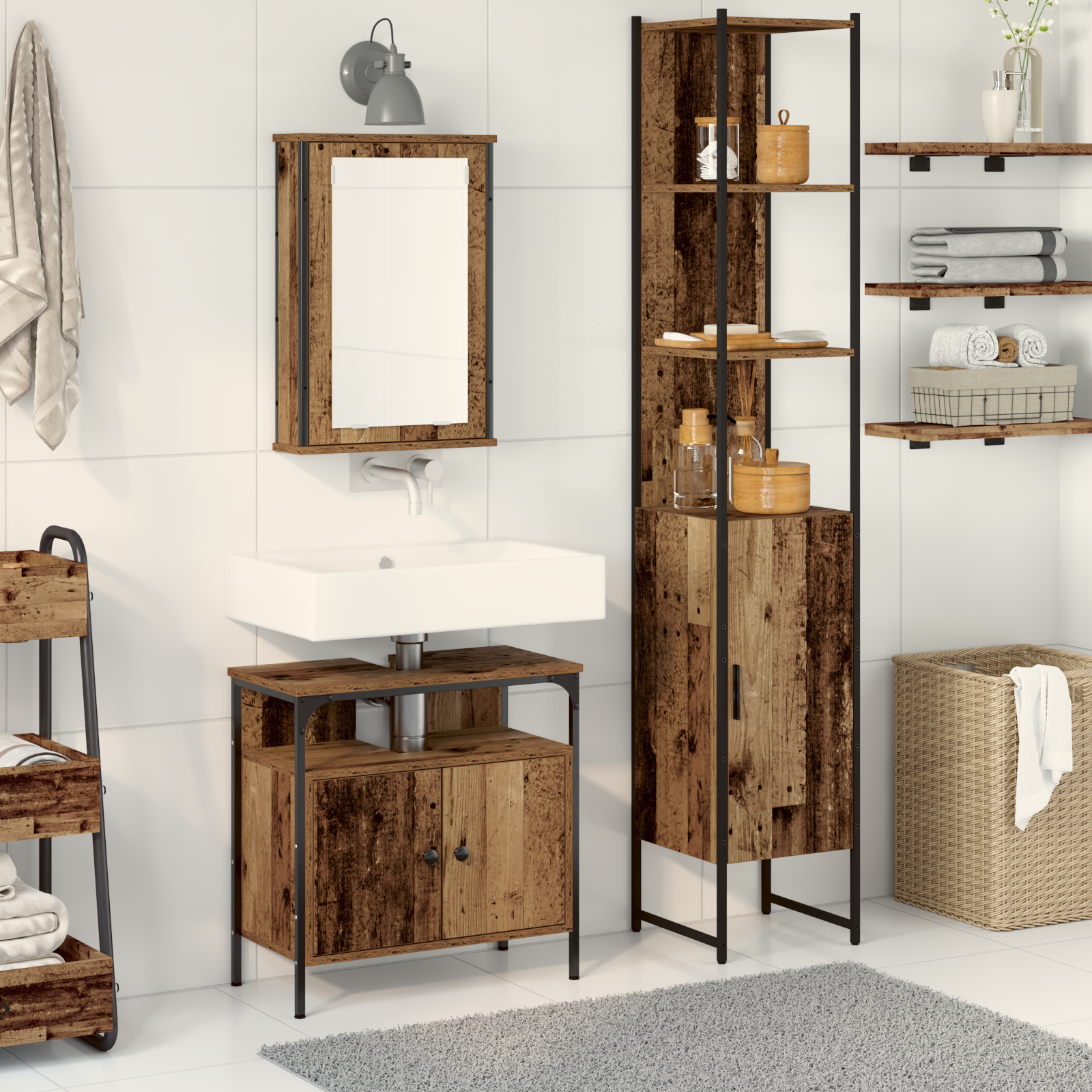 Set Di Mobili Per Il Bagno Con Lo Scaffale 3 Pcs Legno Vecchio
