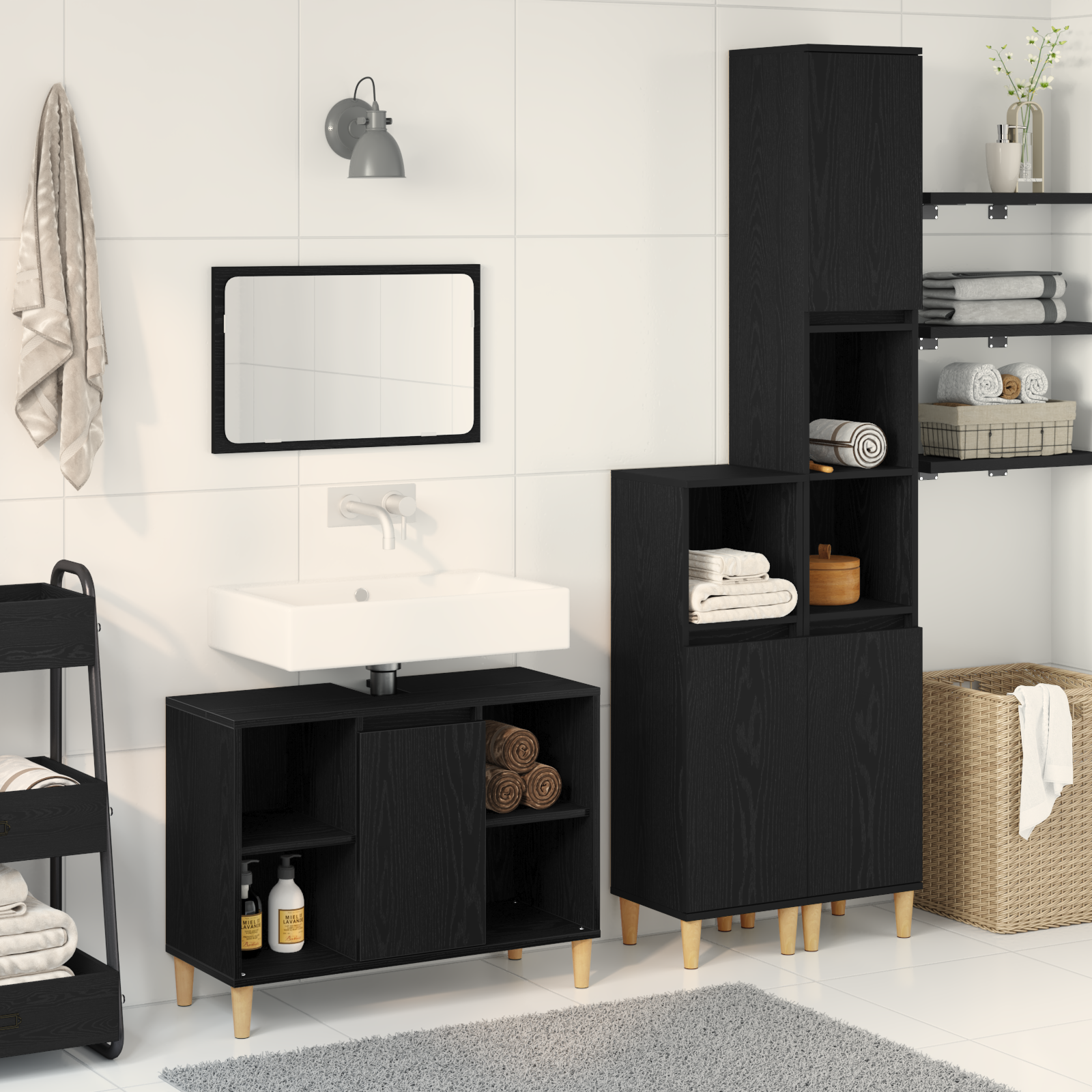 Set Di Mobili Per Il Bagno Con Porta 3 Pcs Nero 60 X 30 X 60 cm