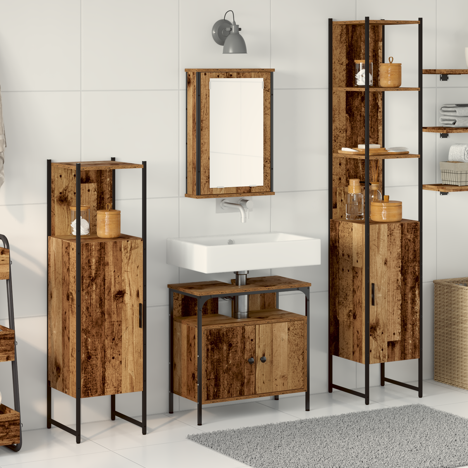 Set Di Mobili Per Il Bagno Con Lo Scaffale 4 Pcs Legno Vecchio