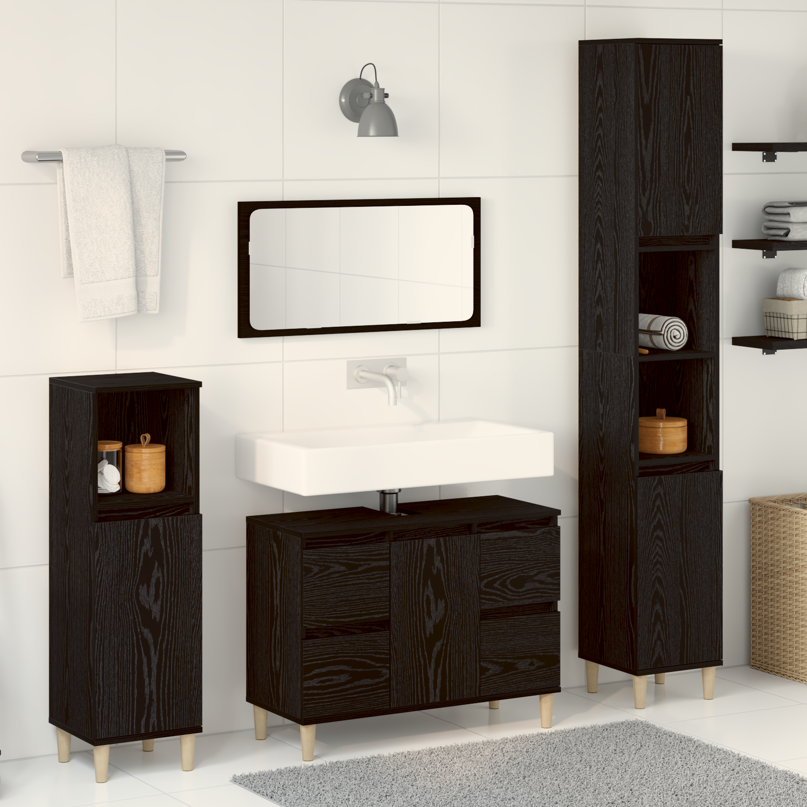 Set Di Mobili Per Il Bagno Montaggio A Parete 3 Pcs Rovere Nero