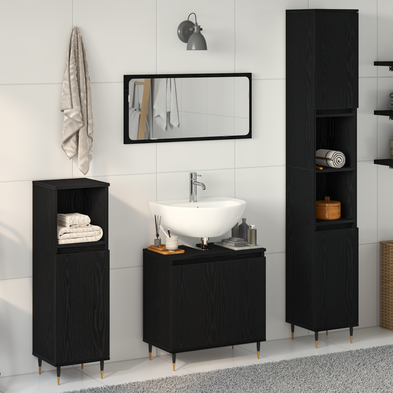 Set Di Mobili Per Il Bagno 3 Pcs Rovere Nero 30 X 30 X 190 cm