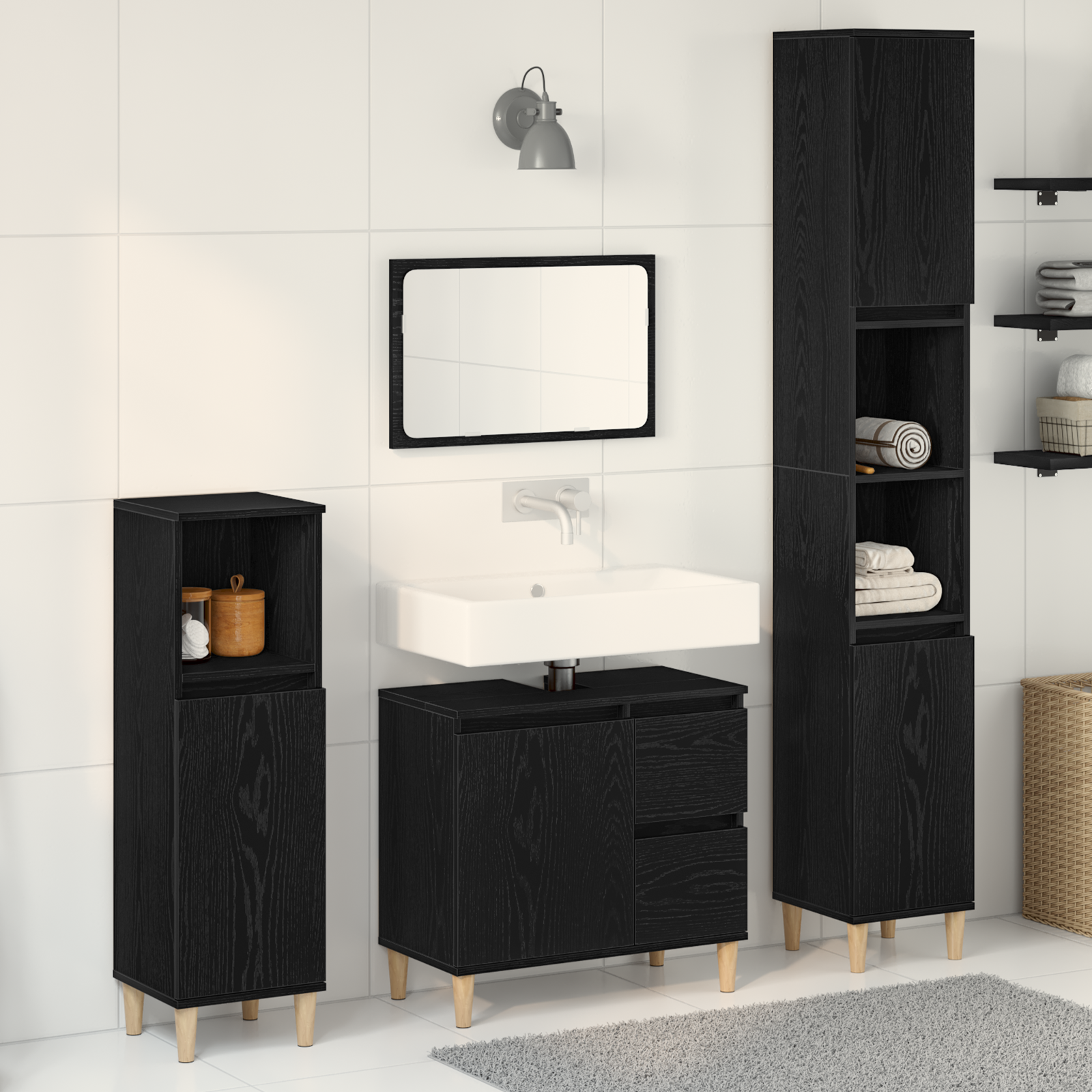 Set Di Armadietti Per Il Bagno 3 Pezzi Rovere Nero Legno Ing.