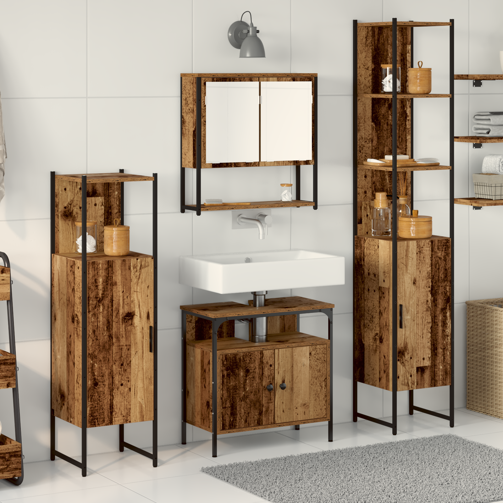 Set Di Mobili Per Il Bagno Con Lo Scaffale 4 Pcs Legno Vecchio