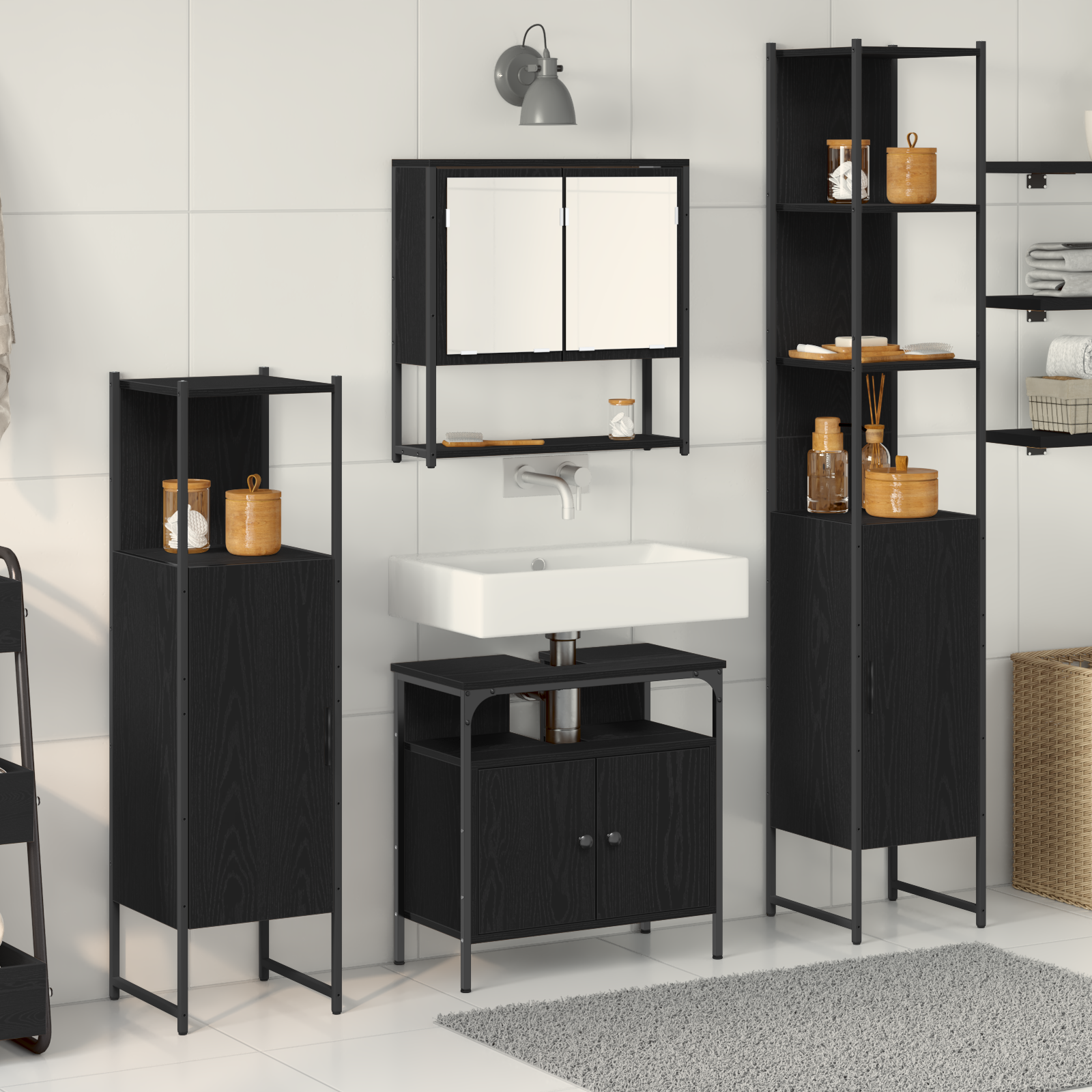 Set Di Mobili Per Il Bagno 4 Pcs Rovere Nero Legno Multistrato
