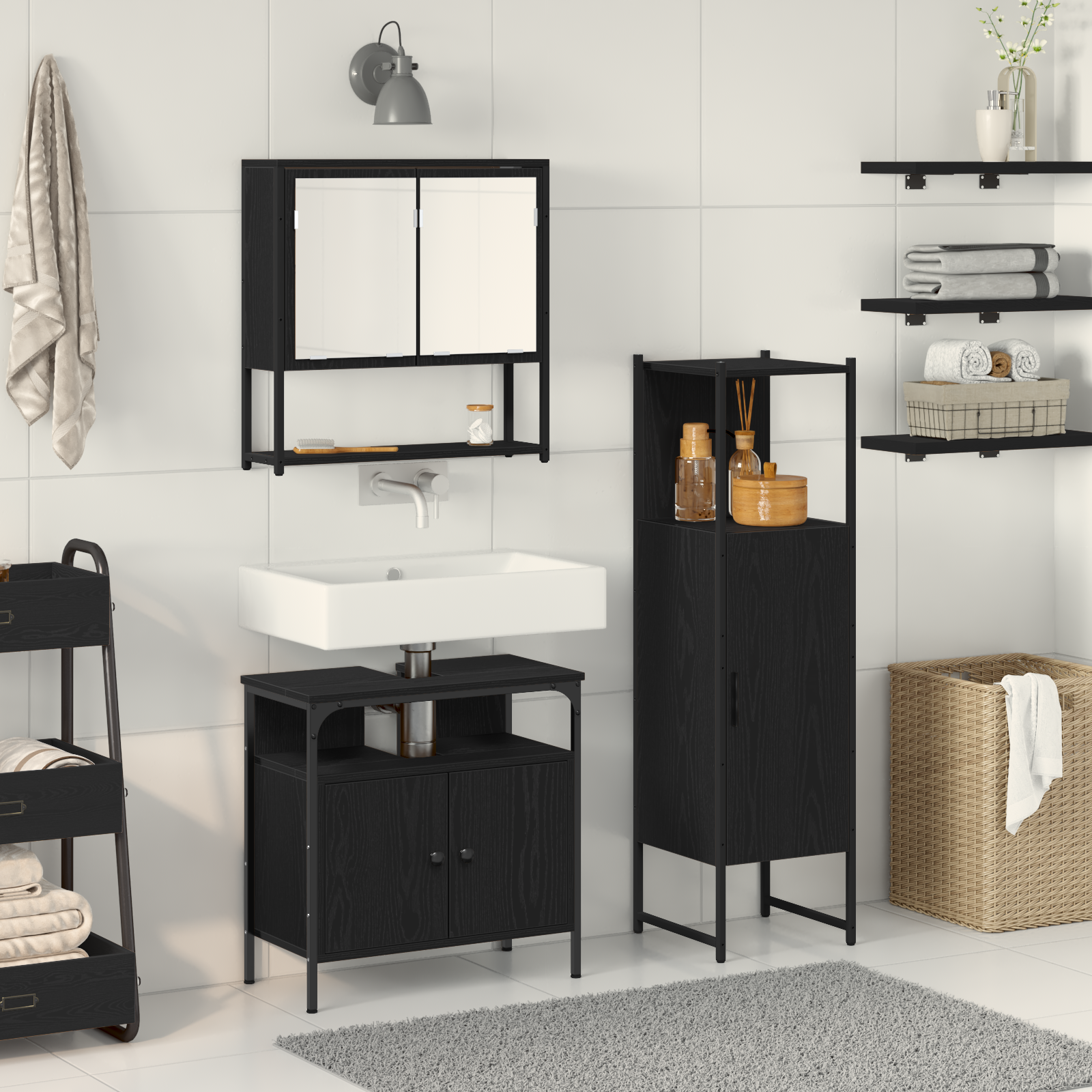 Set Di Mobili Per Il Bagno 3 Pcs Nero Legno Multistrato