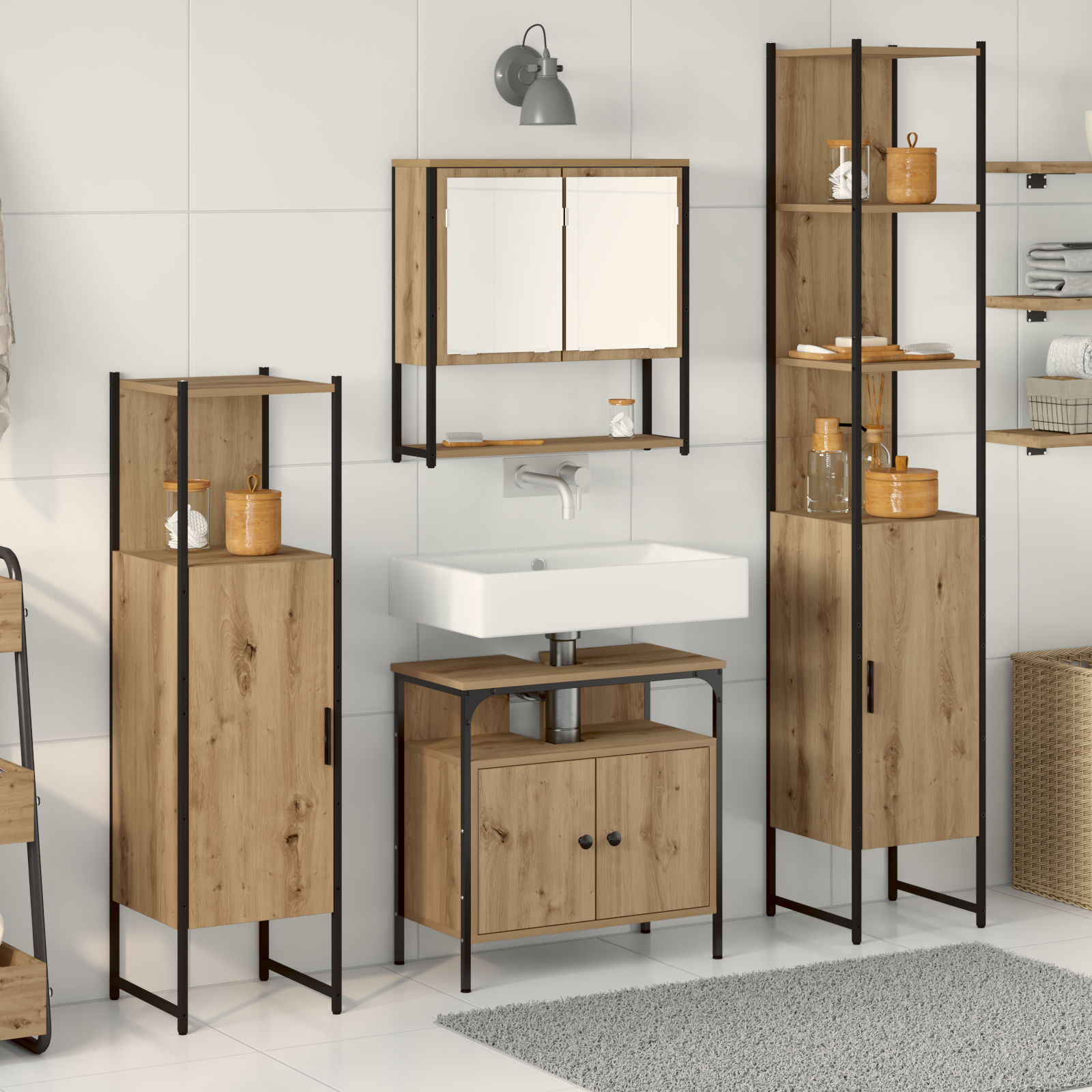 Set Di Mobili Per Il Bagno Con Porta 4 Pcs Rovere Artigianale