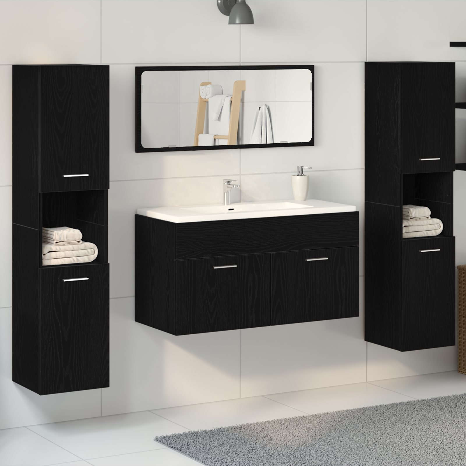 Set Di Mobili Per Il Bagno 4 Pcs Rovere Nero Legno Multistrato