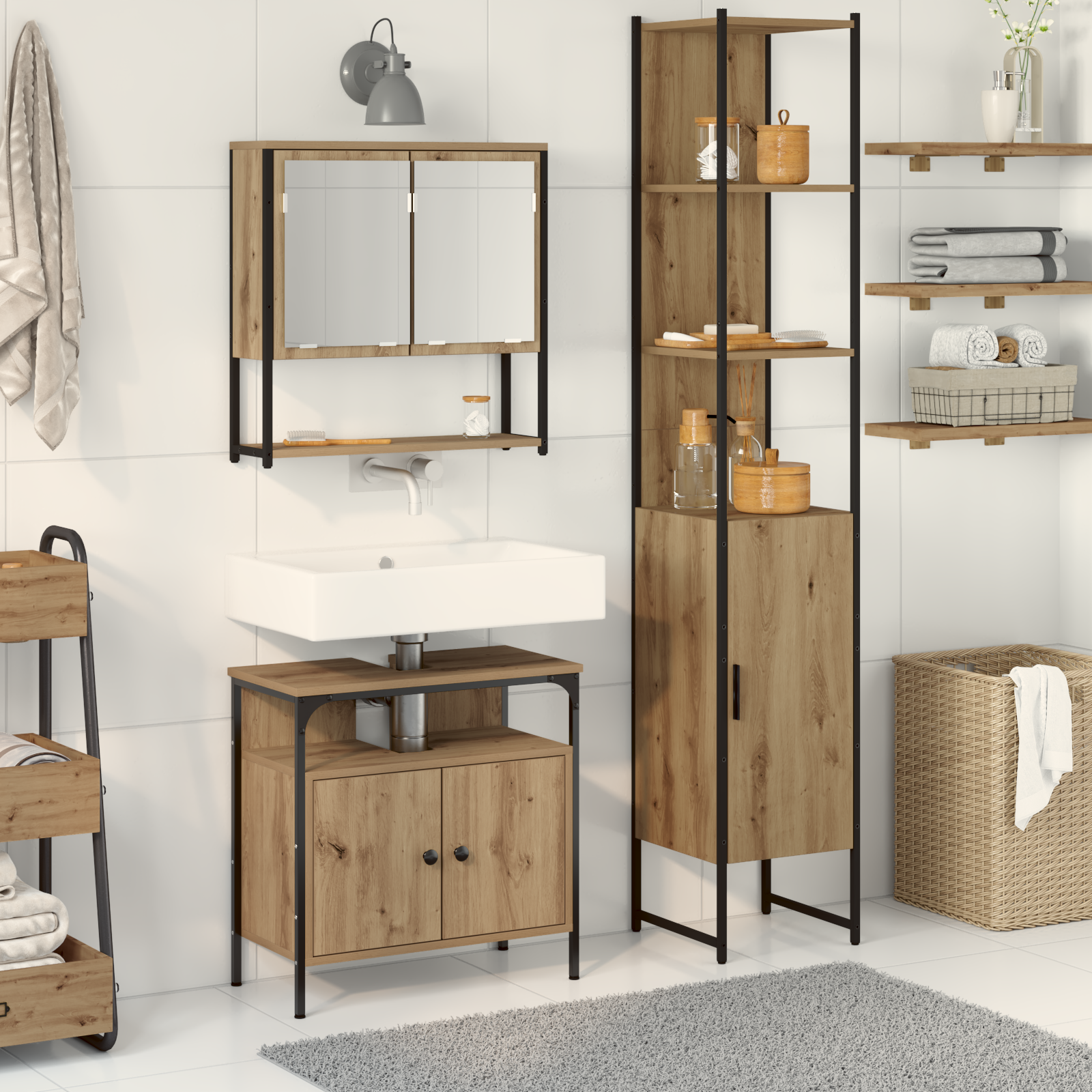 Set Di Mobili Per Il Bagno Con Porta 3 Pcs Rovere Artigianale