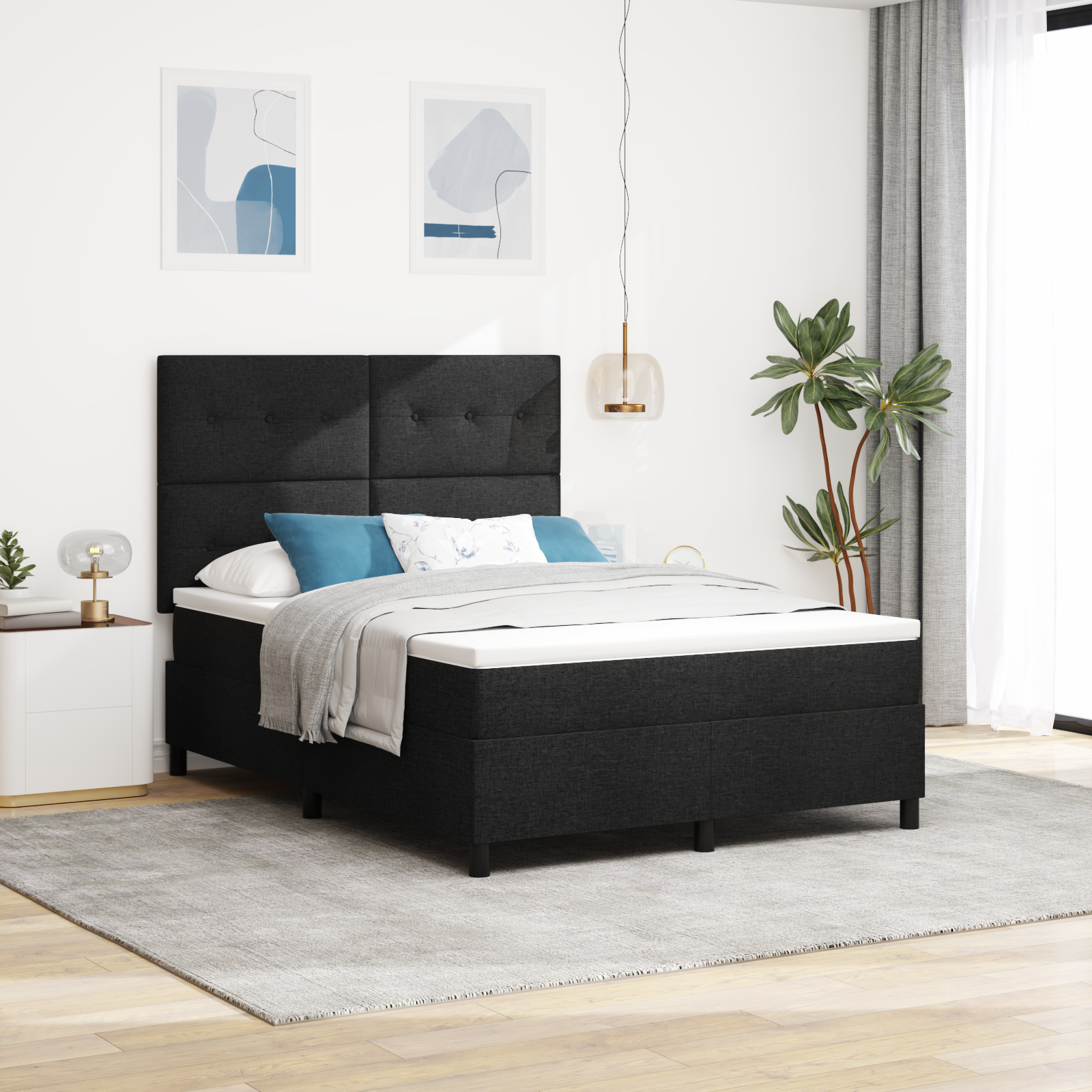 Letto A Molle Nero 140x200 Cm Tessuto