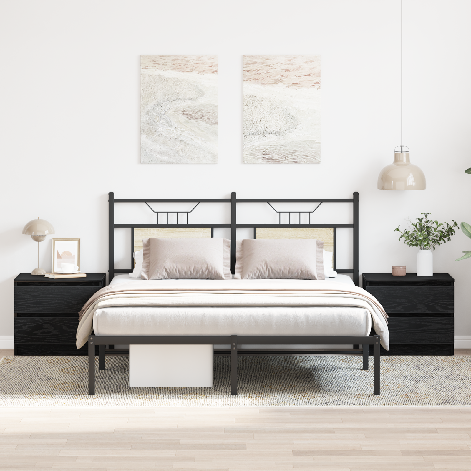 2 Comodini Neri In Rovere 50x40x43,5 Cm In Legno Ingenerizzato