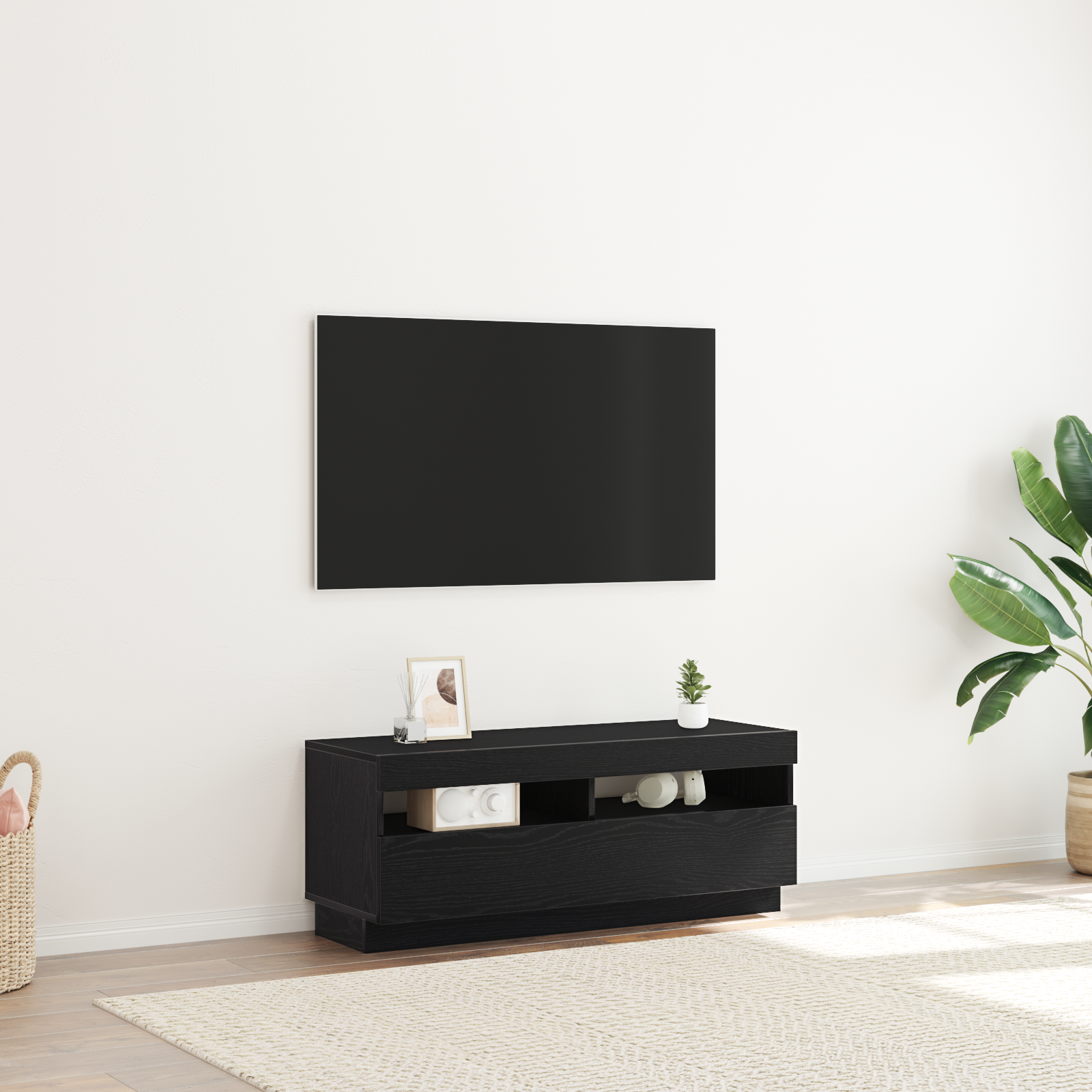 Mueble de TV vidaXL con luces LED Negro y Roble 100x35x40 cm de Madera
