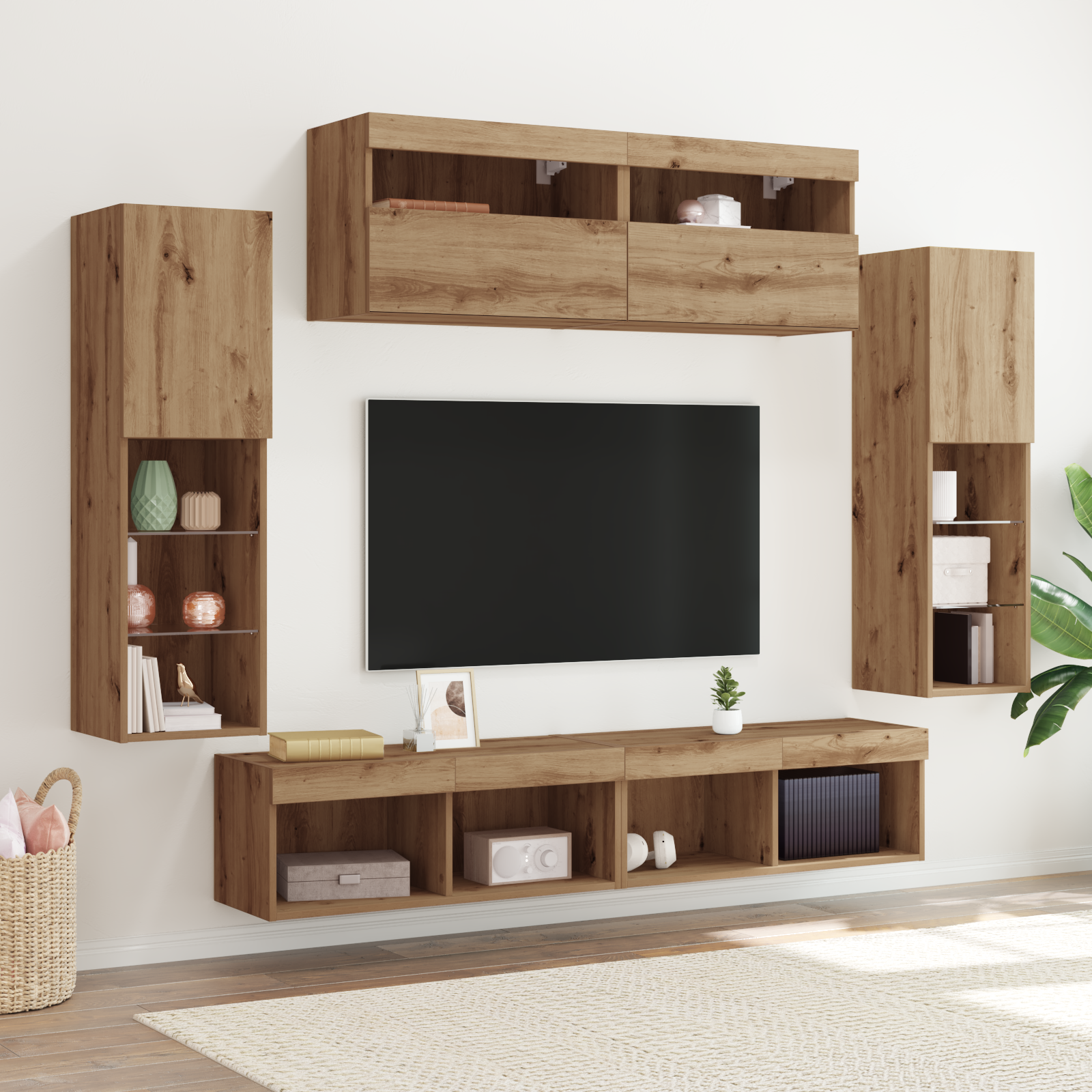 Armarios de pared para TV vidaXL con luces LED 2 pcs Roble Artesanal 80x30x30 cm