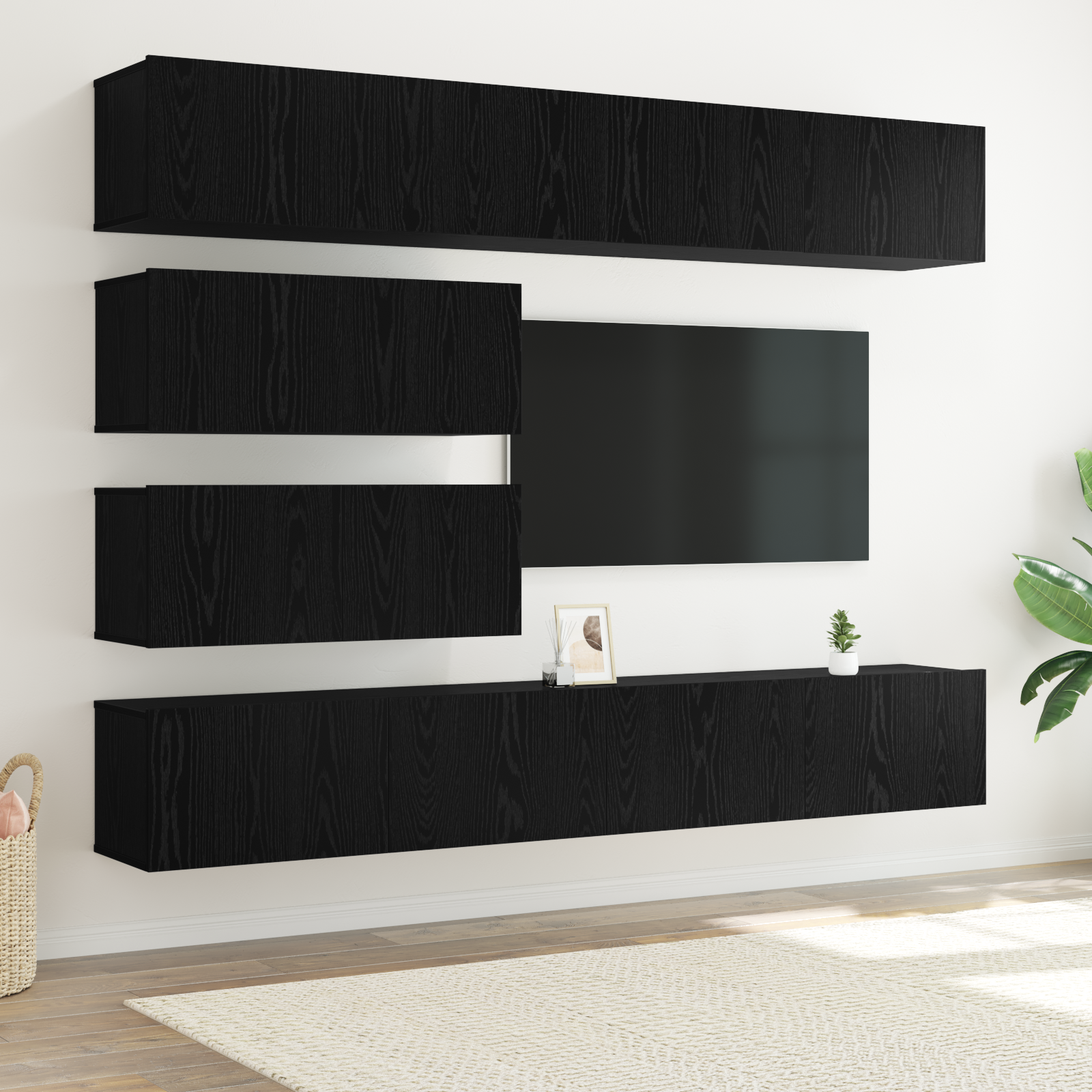 vidaXL Set de Muebles para TV de 6 Piezas Montado en la Pared en Negro y Roble
