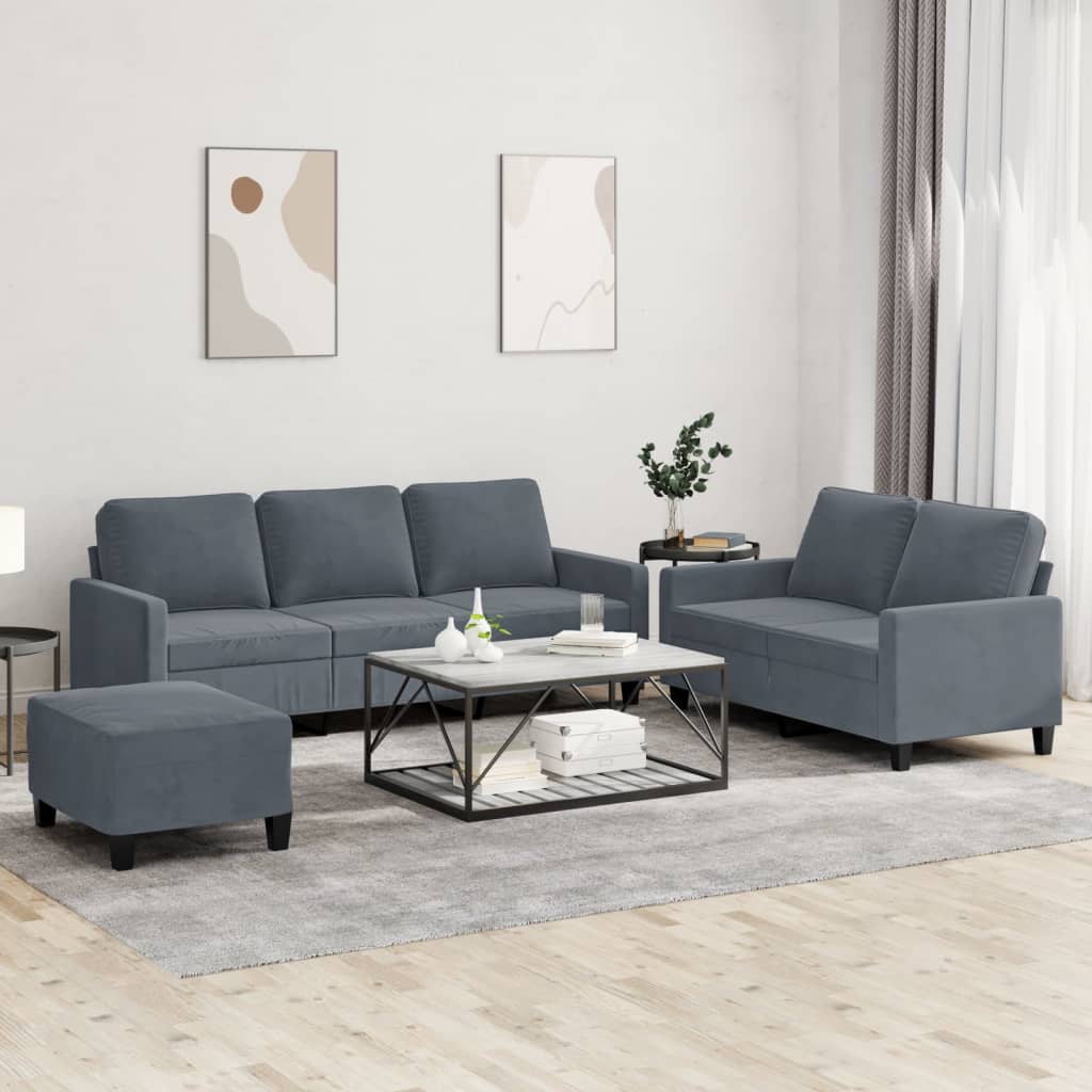 Set Di Divani 3 Pz Con Cuscini Grigio Scuro In Velluto