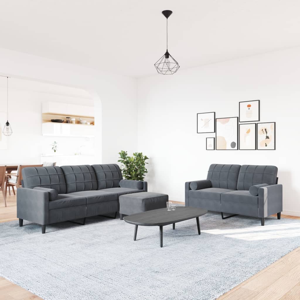 Set Di Divani 3 Pz Con Cuscini E Rinforzi Grigio Scuro Velluto - Image 3