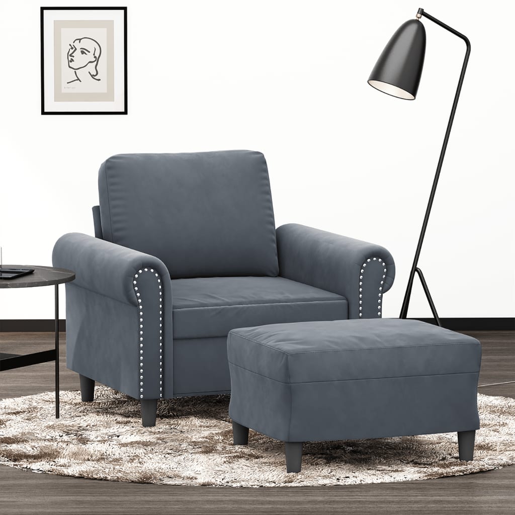 Poltrona Con Poggiapiedi Grigio Scuro 60 Cm In Velluto