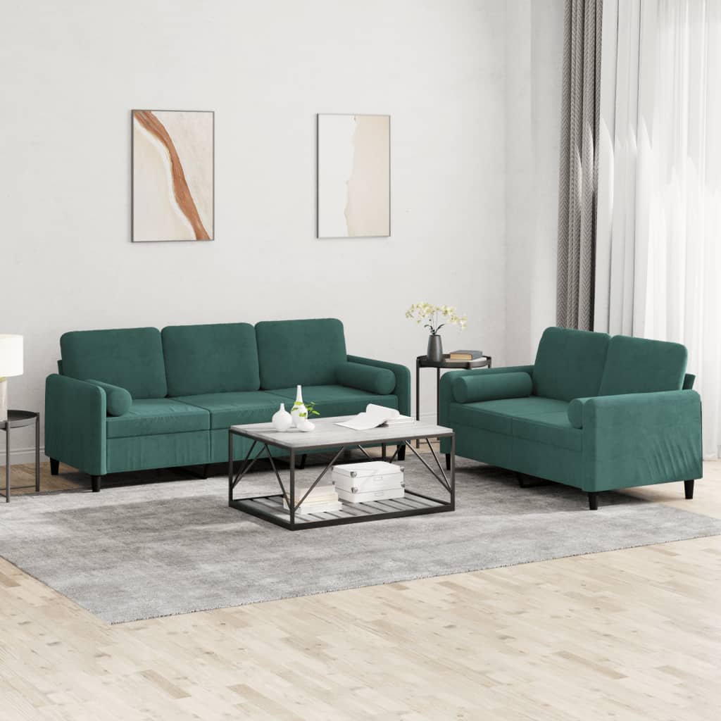 Set Di Divani 2 Pz Con Cuscini Verde Scuro In Velluto