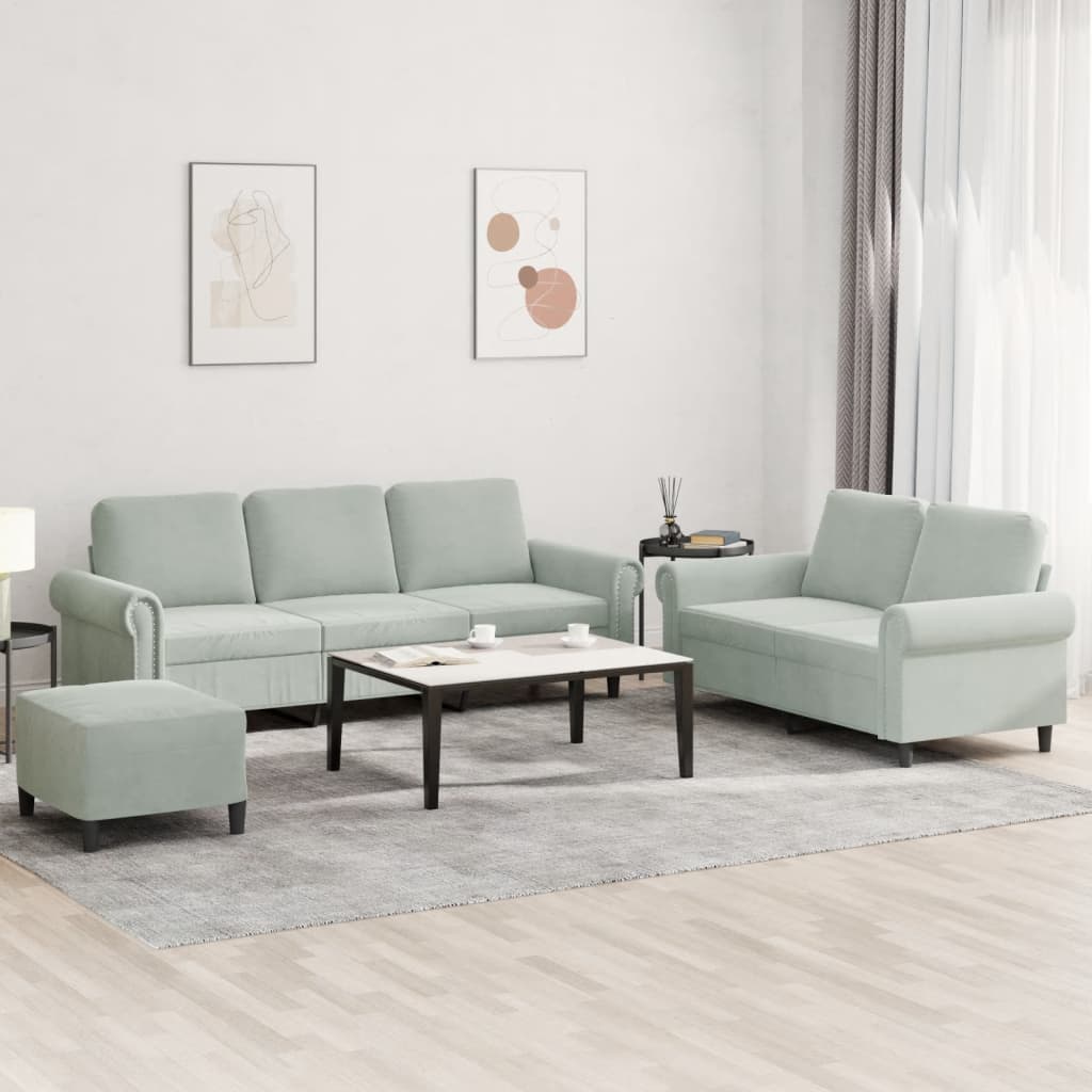 Set Di Divani 3 Pz Con Cuscini Grigio Chiaro In Velluto