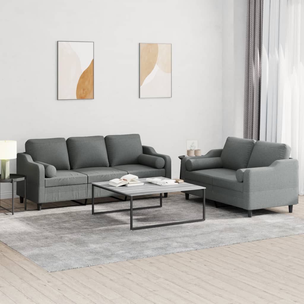 Set Di Divani 2 Pz Con Cuscini Grigio Scuro In Tessuto