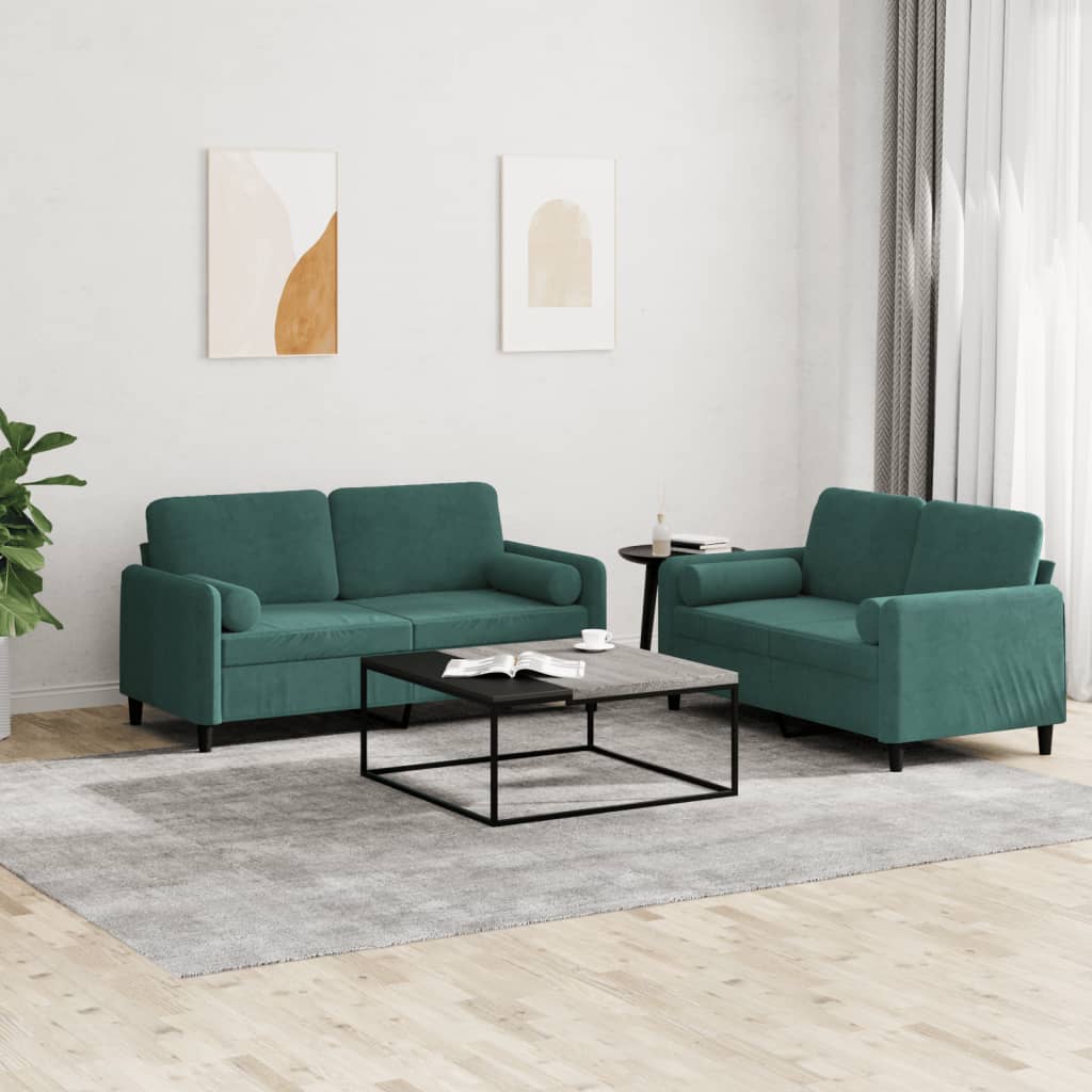 Set Di Divani 2 Pz Con Cuscini Verde Scuro In Velluto