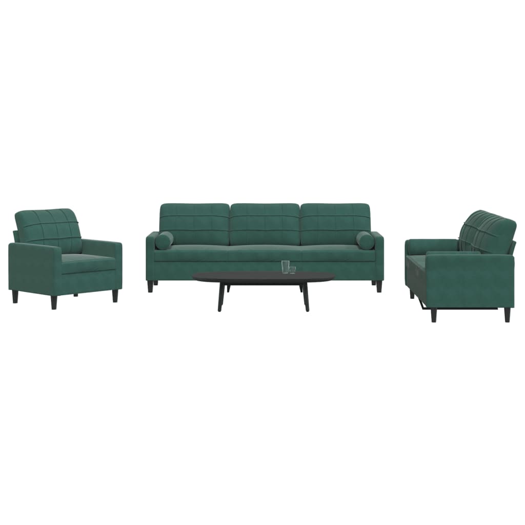 Set Di Divani 3 Pz Con Cuscini E Rinforzi Verde Scuro Velluto