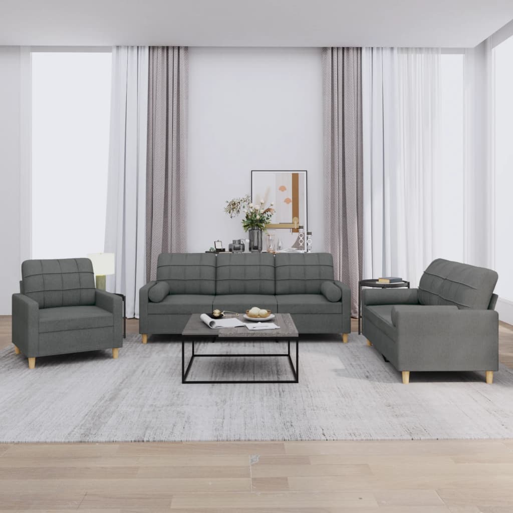 Set Di Divani 3 Pz Con Cuscini Grigio Scuro In Tessuto