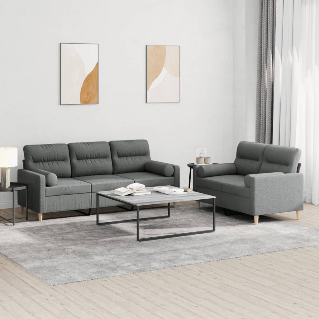 Set Di Divani 2 Pz Con Cuscini Grigio Scuro In Tessuto