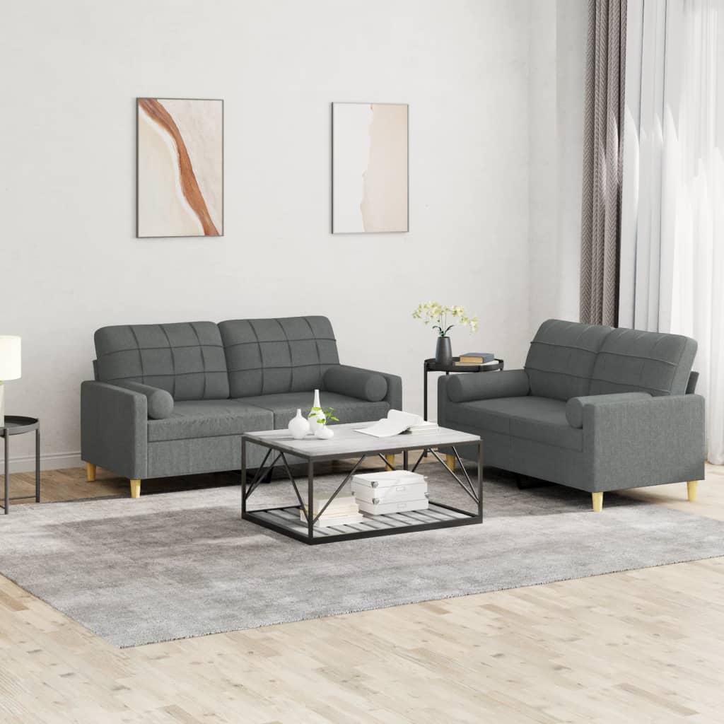 Set Di Divani 2 Pz Con Cuscini Grigio Scuro In Tessuto