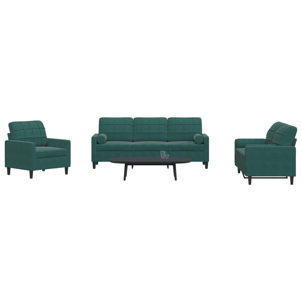 Set Di Divani 3 Pz Con Cuscini E Rinforzi Verde Scuro Velluto