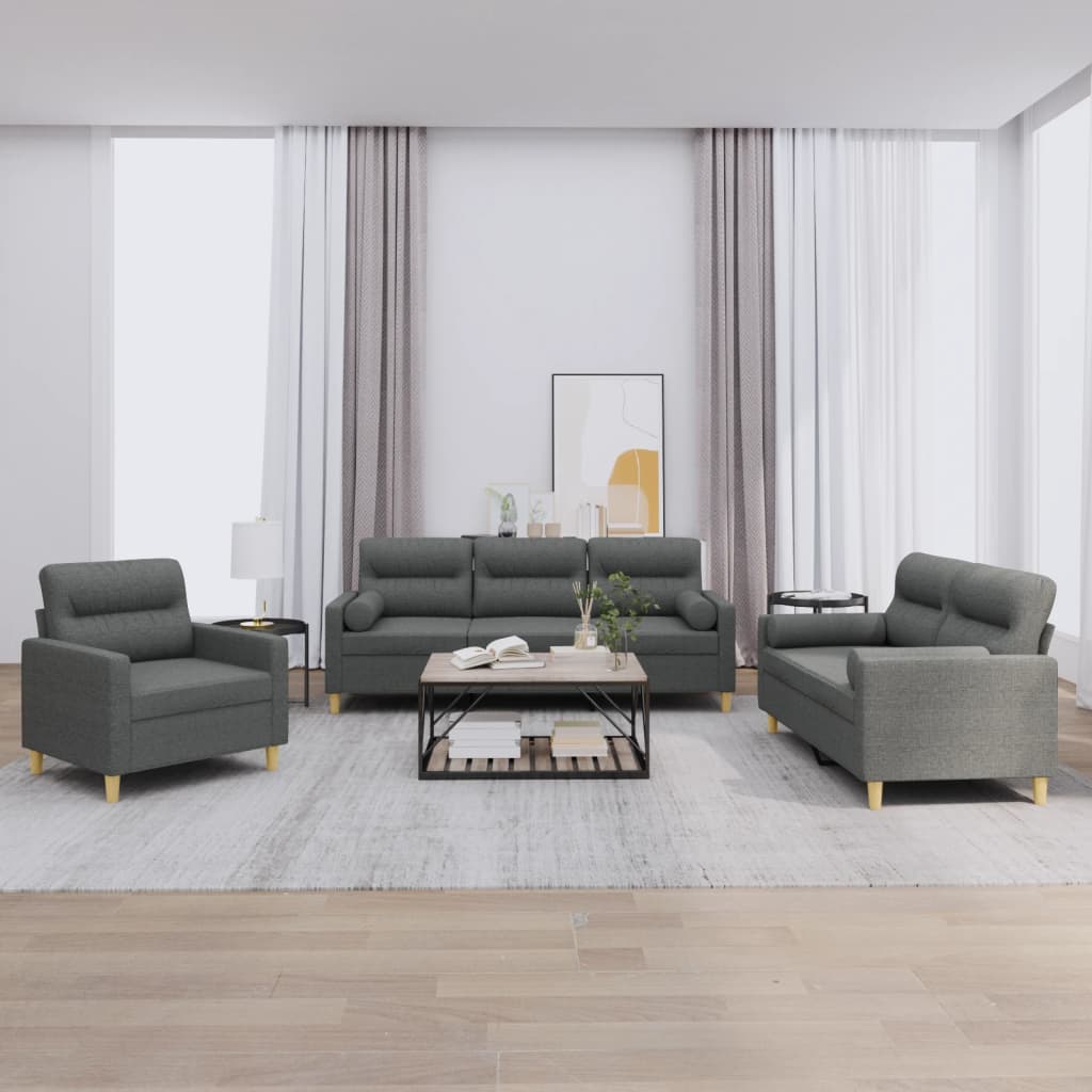 Set Di Divani 3 Pz Con Cuscini Grigio Scuro In Tessuto