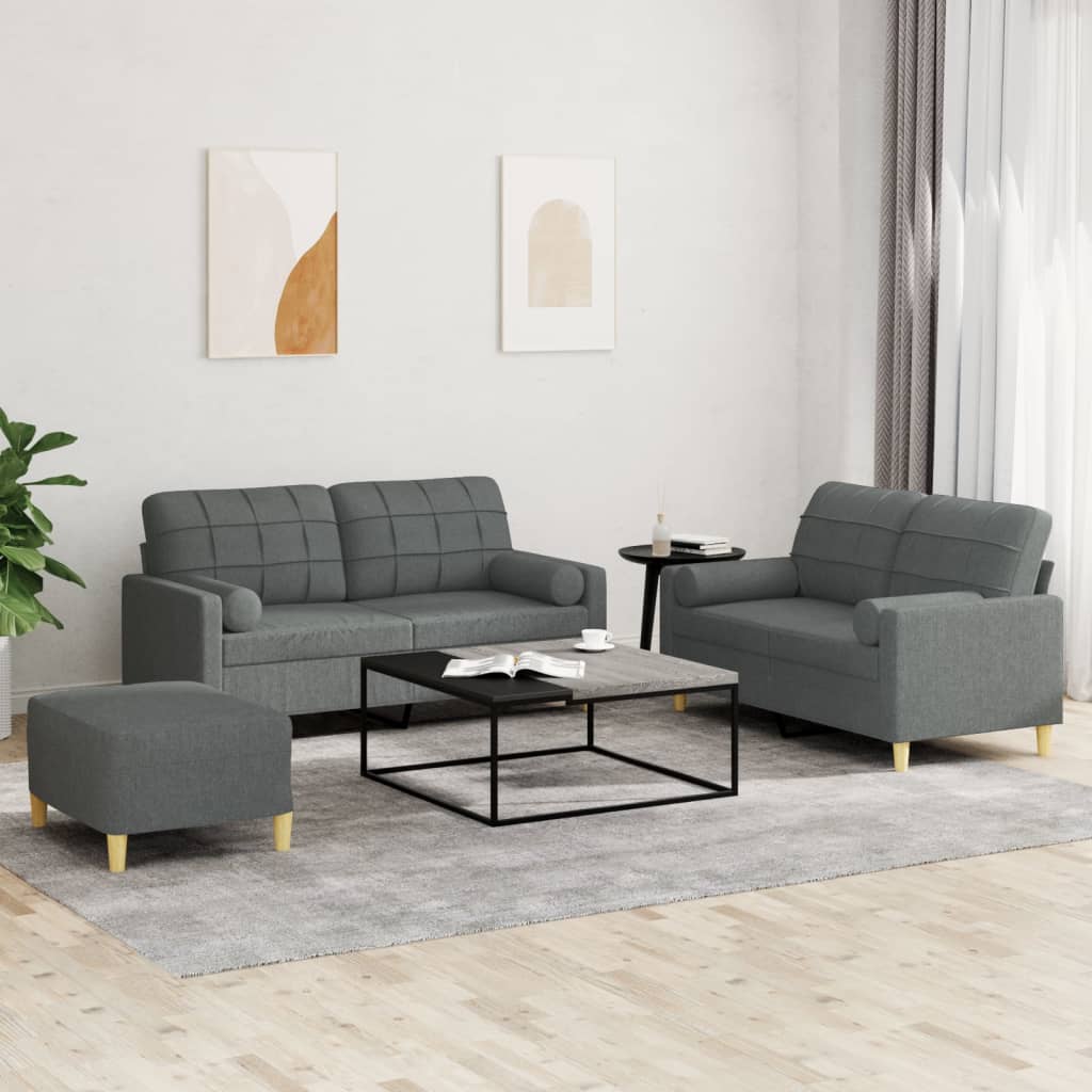 Set Di Divani 3 Pz Con Cuscini Grigio Scuro In Tessuto
