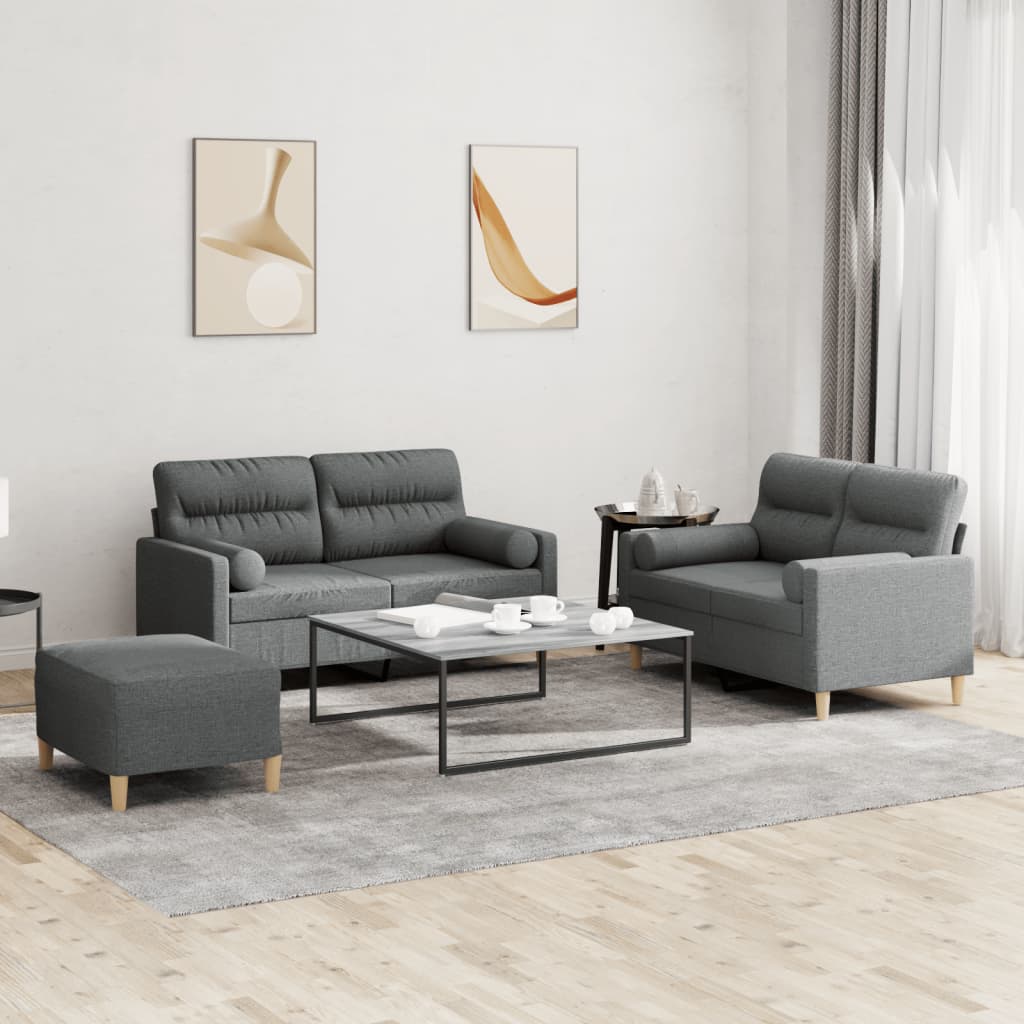Set Di Divani 3 Pz Con Cuscini Grigio Scuro In Tessuto