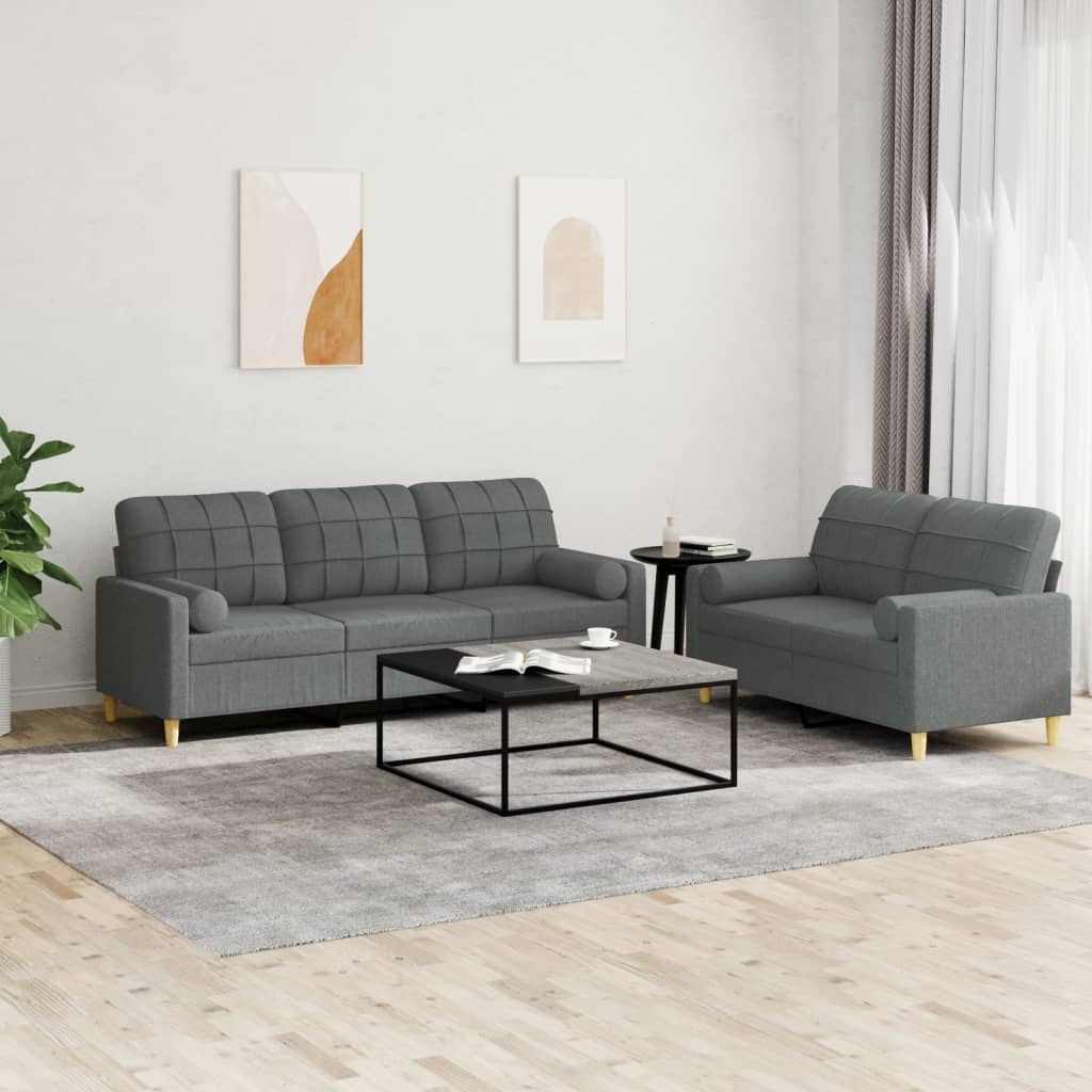 Set Di Divani 2 Pz Con Cuscini Grigio Scuro In Tessuto