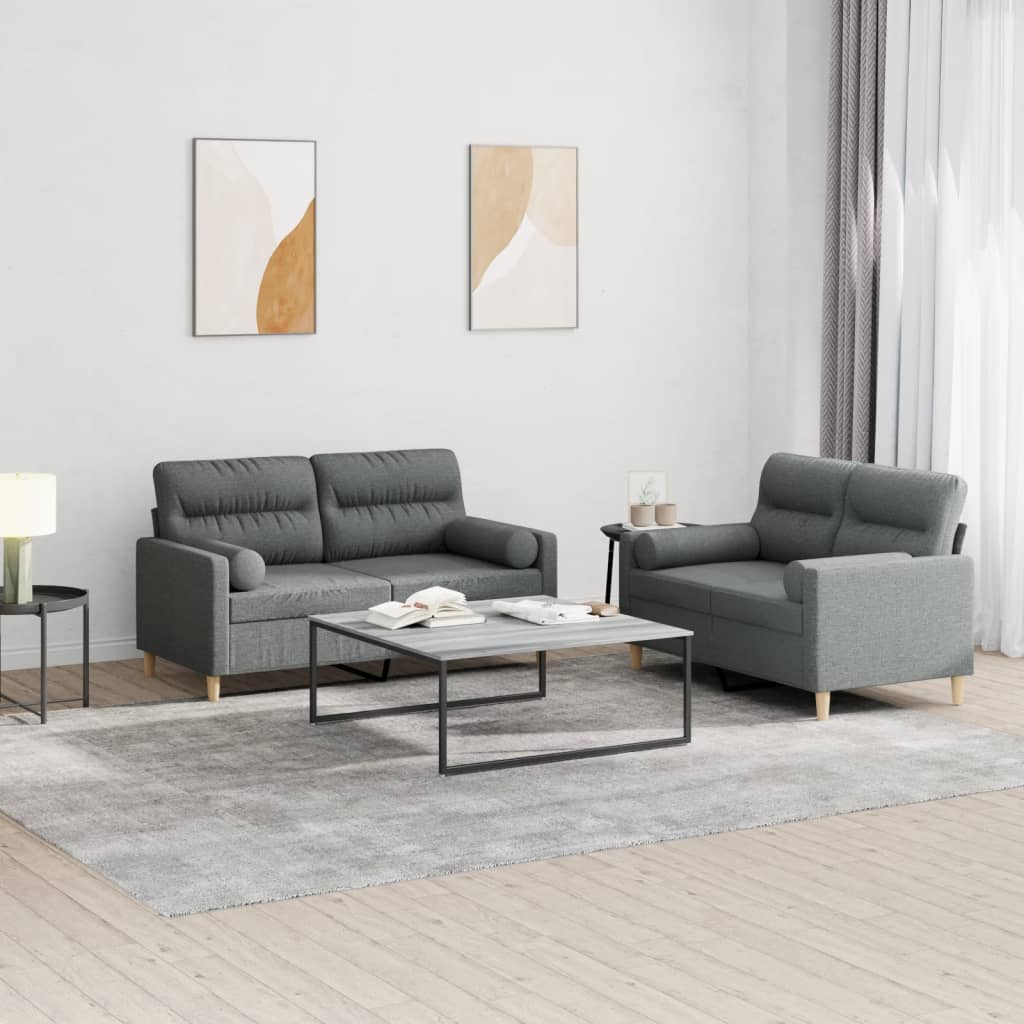 Set Di Divani 2 Pz Con Cuscini Grigio Scuro In Tessuto