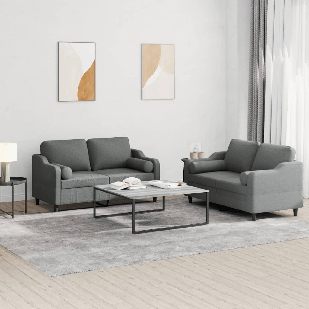 Set Di Divani 2 Pz Con Cuscini Grigio Scuro In Tessuto