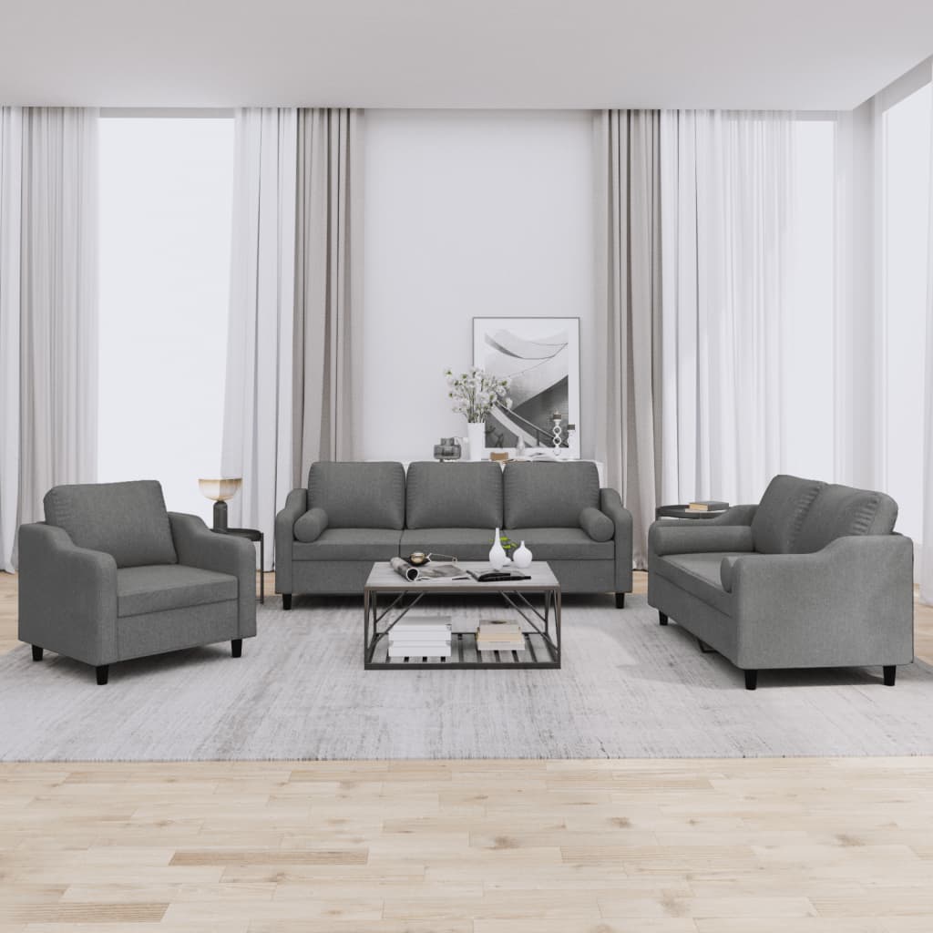 Set Di Divani 3 Pz Con Cuscini Grigio Scuro In Tessuto