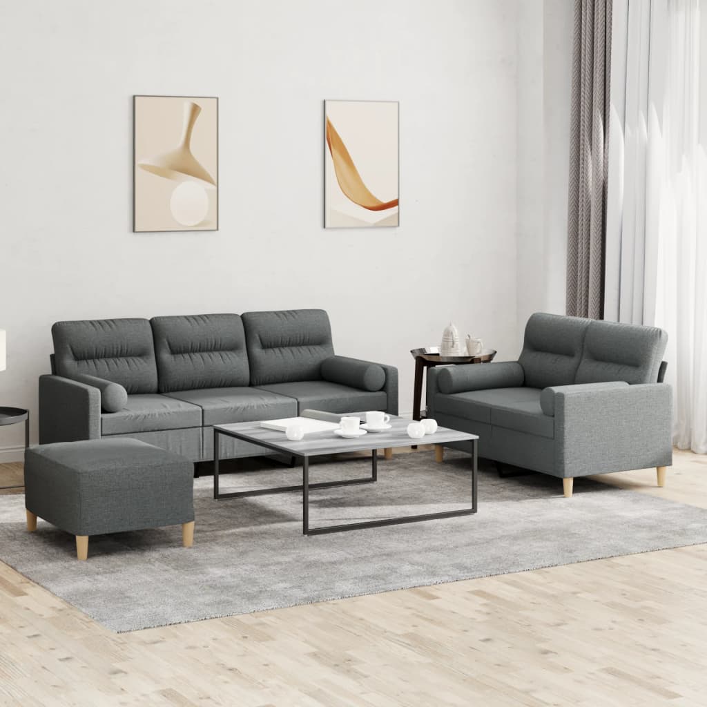 Set Di Divani 3 Pz Con Cuscini Grigio Scuro In Tessuto