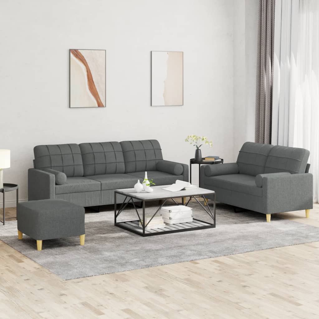 Set Di Divani 3 Pz Con Cuscini Grigio Scuro In Tessuto